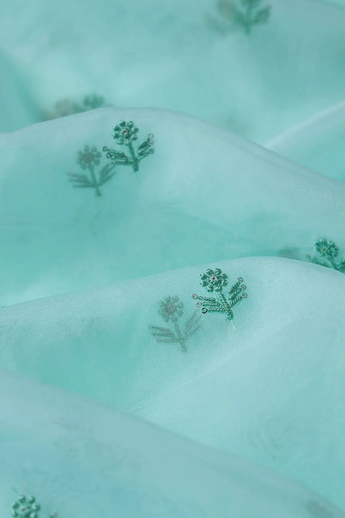 Sea Green Thread With Sequins Beautiful Small Floral Motif Embroidery Work On Sea Green Organza Fabric - doeraa