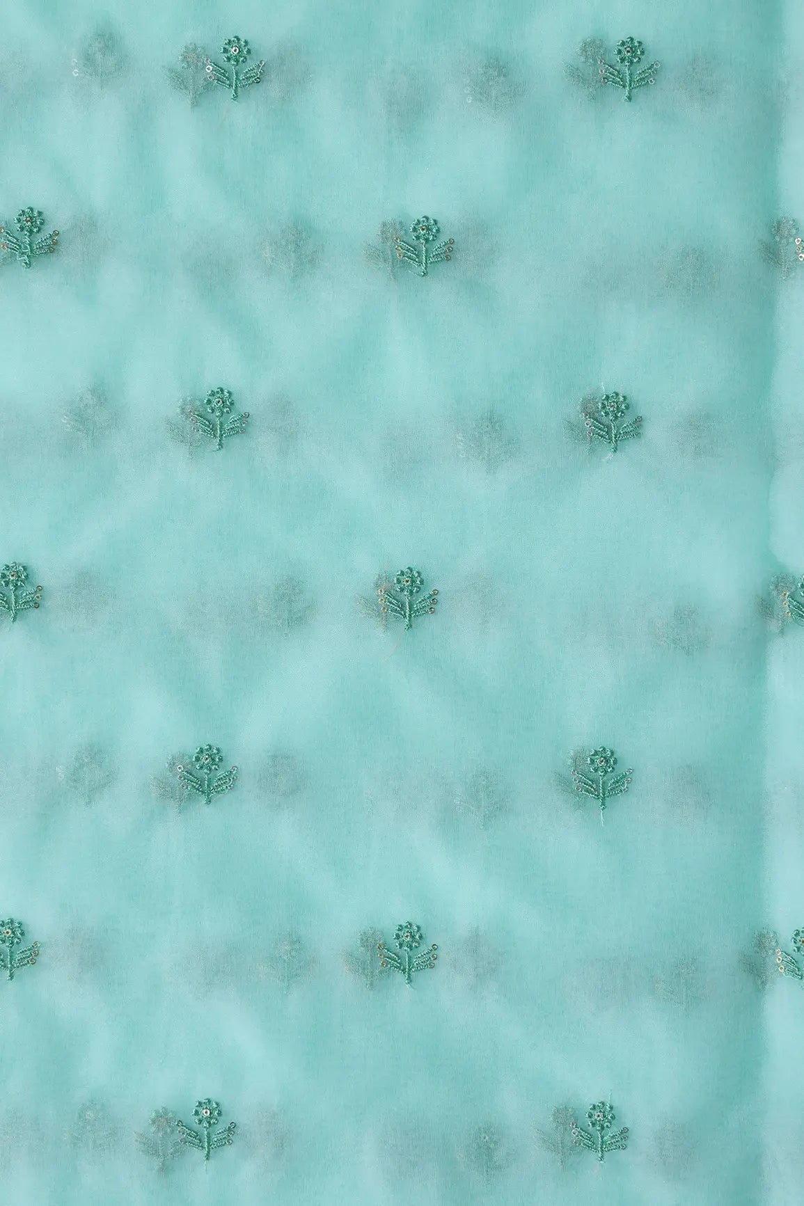 Sea Green Thread With Sequins Beautiful Small Floral Motif Embroidery Work On Sea Green Organza Fabric - doeraa