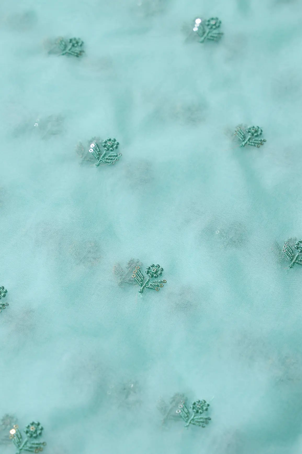 Sea Green Thread With Sequins Beautiful Small Floral Motif Embroidery Work On Sea Green Organza Fabric - doeraa