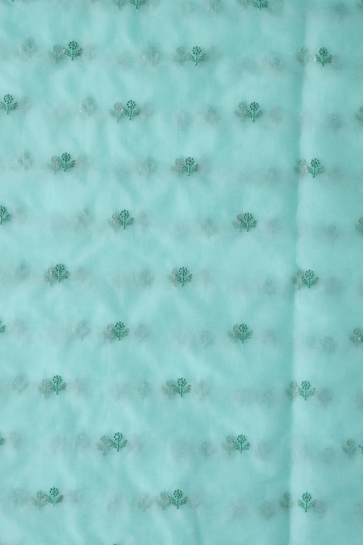 Sea Green Thread With Sequins Beautiful Small Floral Motif Embroidery Work On Sea Green Organza Fabric - doeraa