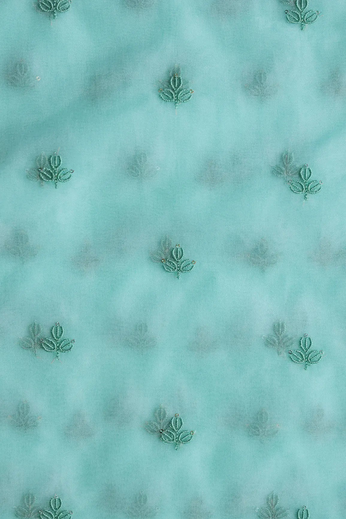 Sea Green Thread With Sequins Beautiful Small Leafy Embroidery Work On Sea Green Organza Fabric - doeraa