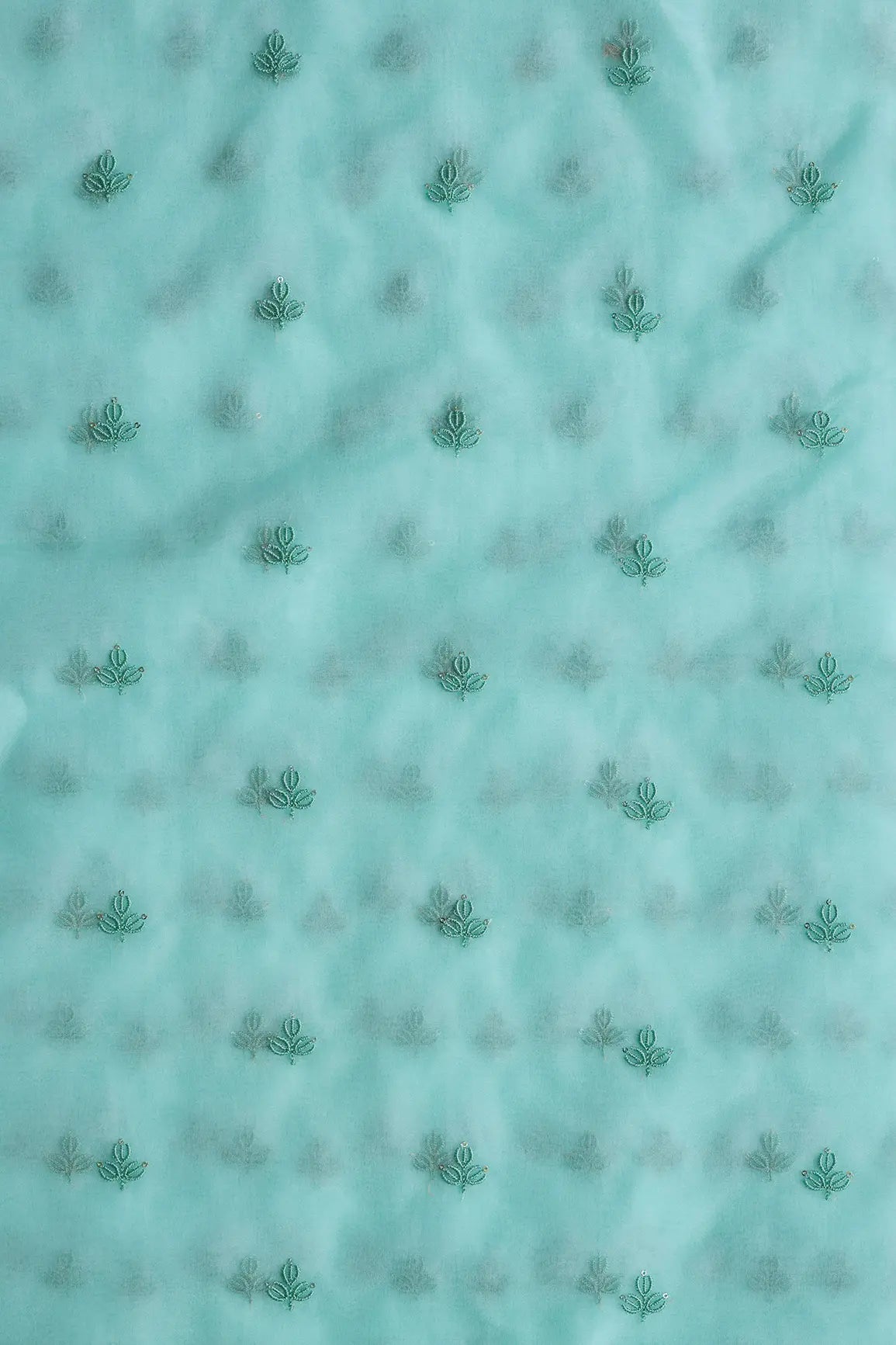 Sea Green Thread With Sequins Beautiful Small Leafy Embroidery Work On Sea Green Organza Fabric - doeraa