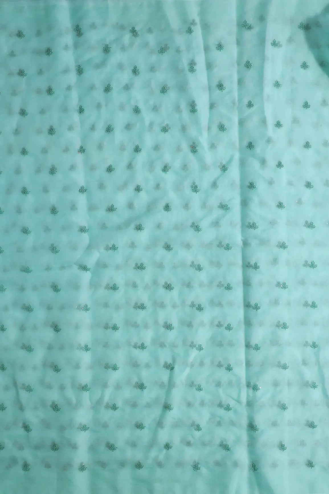 Sea Green Thread With Sequins Beautiful Small Leafy Embroidery Work On Sea Green Organza Fabric - doeraa