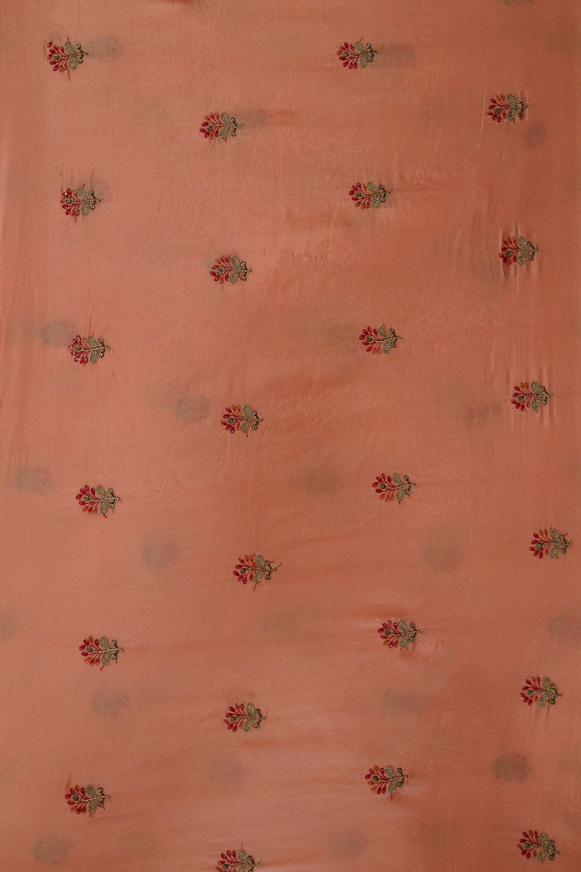 Sequins and Zari Work with Floral Embroidery On Peach Uppada Silk Fabric - doeraa
