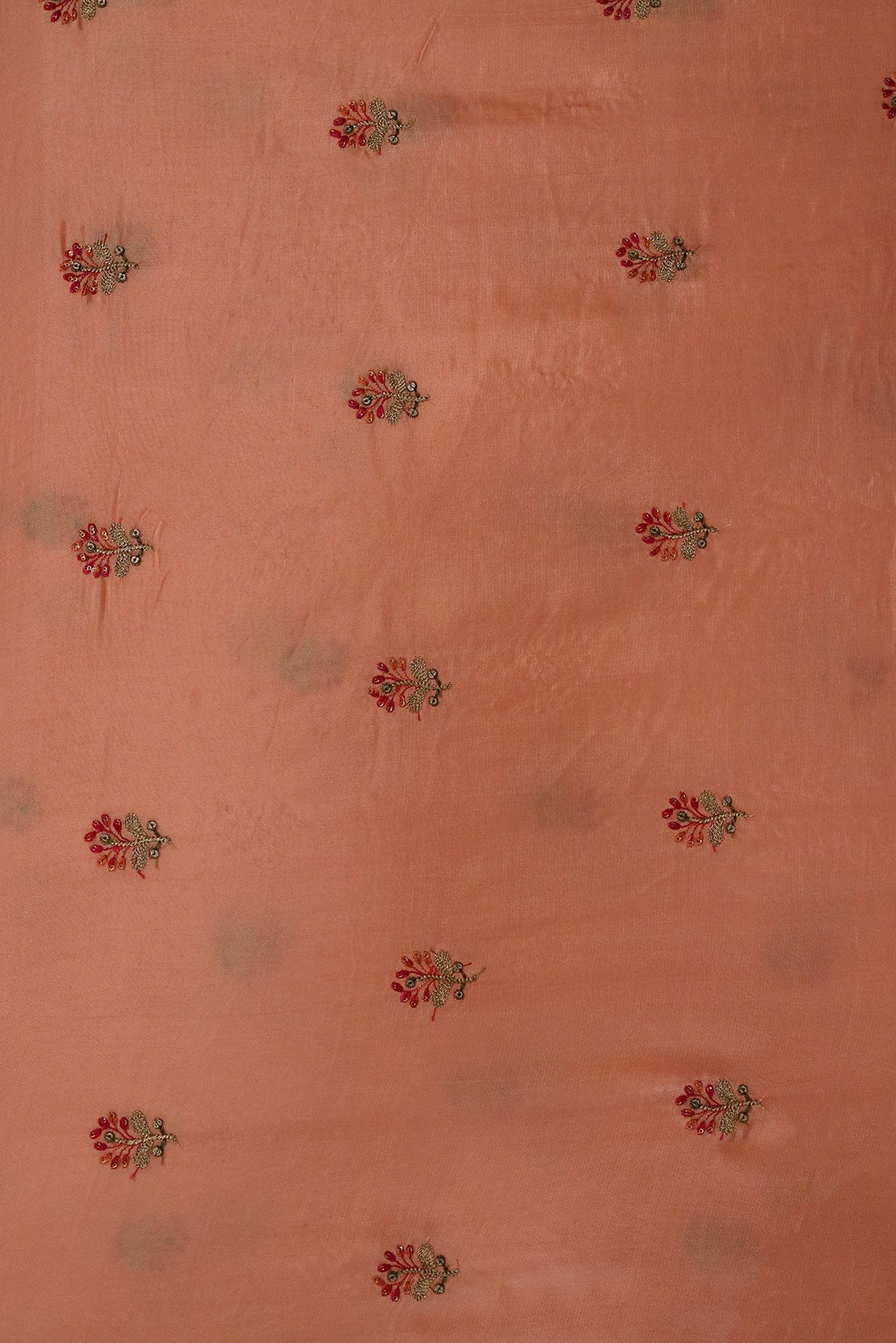 Sequins and Zari Work with Floral Embroidery On Peach Uppada Silk Fabric - doeraa