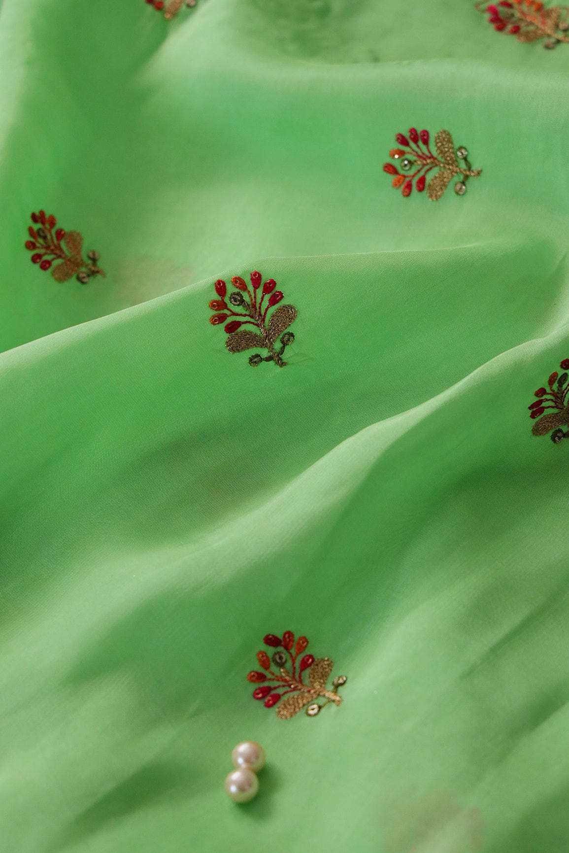 Sequins and Zari Work with Floral Embroidery On Pista Uppada Silk Fabric - doeraa