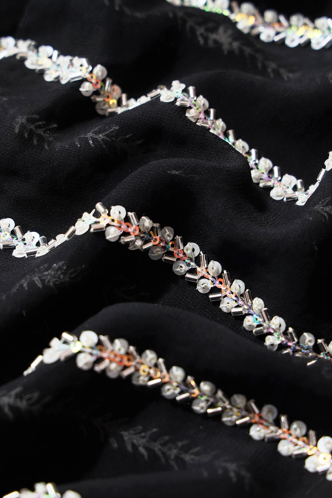 Silver Beads With Sequins Beautiful Stripes Handwork Embroidery On Black Viscose Georgette Fabric - doeraa