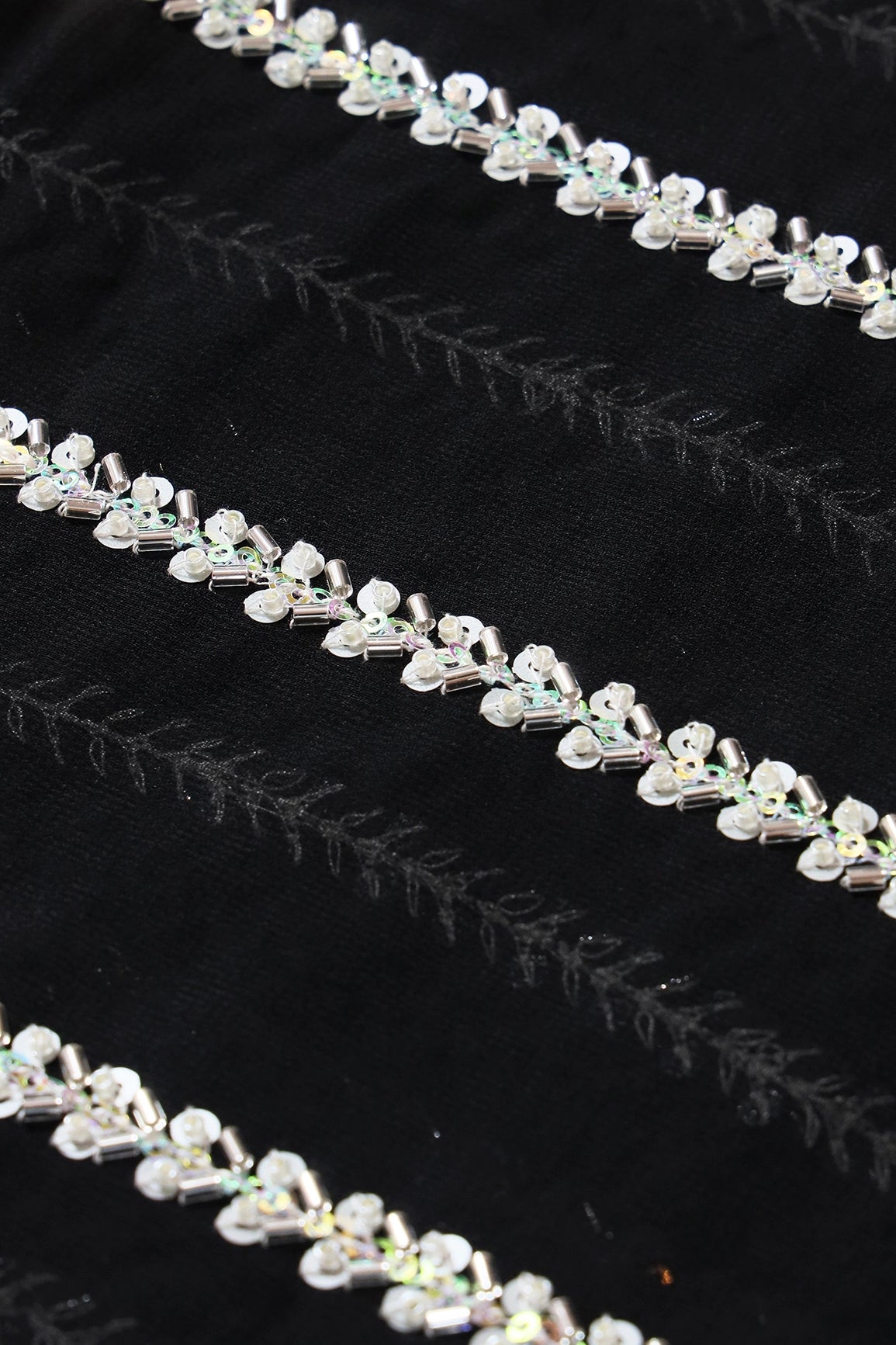 Silver Beads With Sequins Beautiful Stripes Handwork Embroidery On Black Viscose Georgette Fabric - doeraa