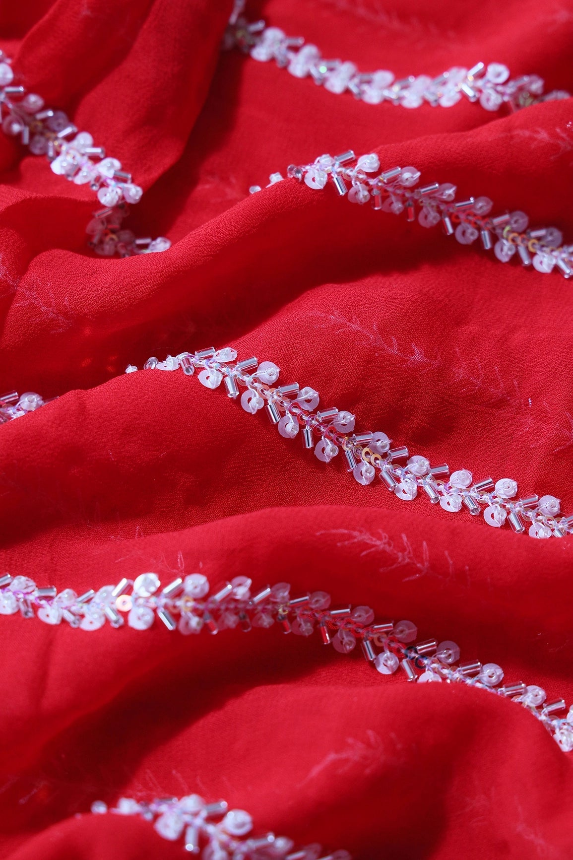Silver Beads With Sequins Beautiful Stripes Handwork Embroidery On Red Viscose Georgette Fabric - doeraa