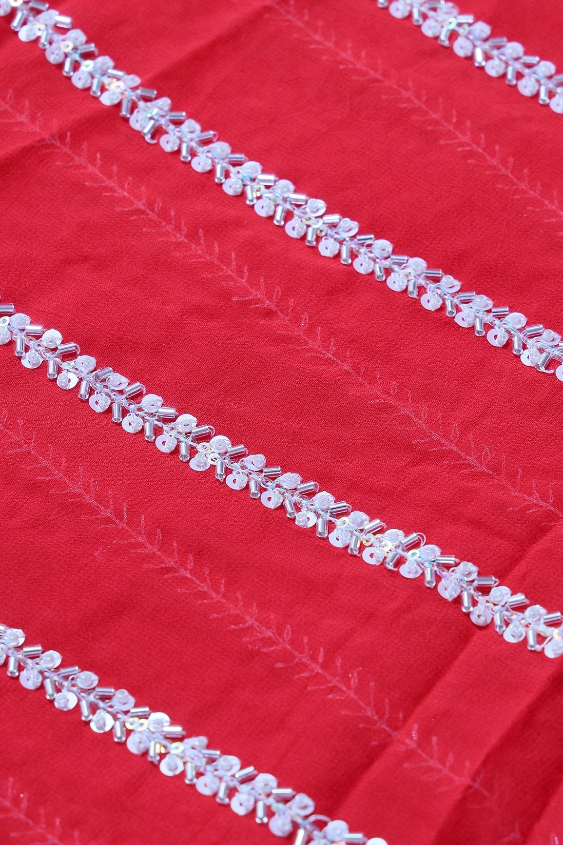 Silver Beads With Sequins Beautiful Stripes Handwork Embroidery On Red Viscose Georgette Fabric - doeraa