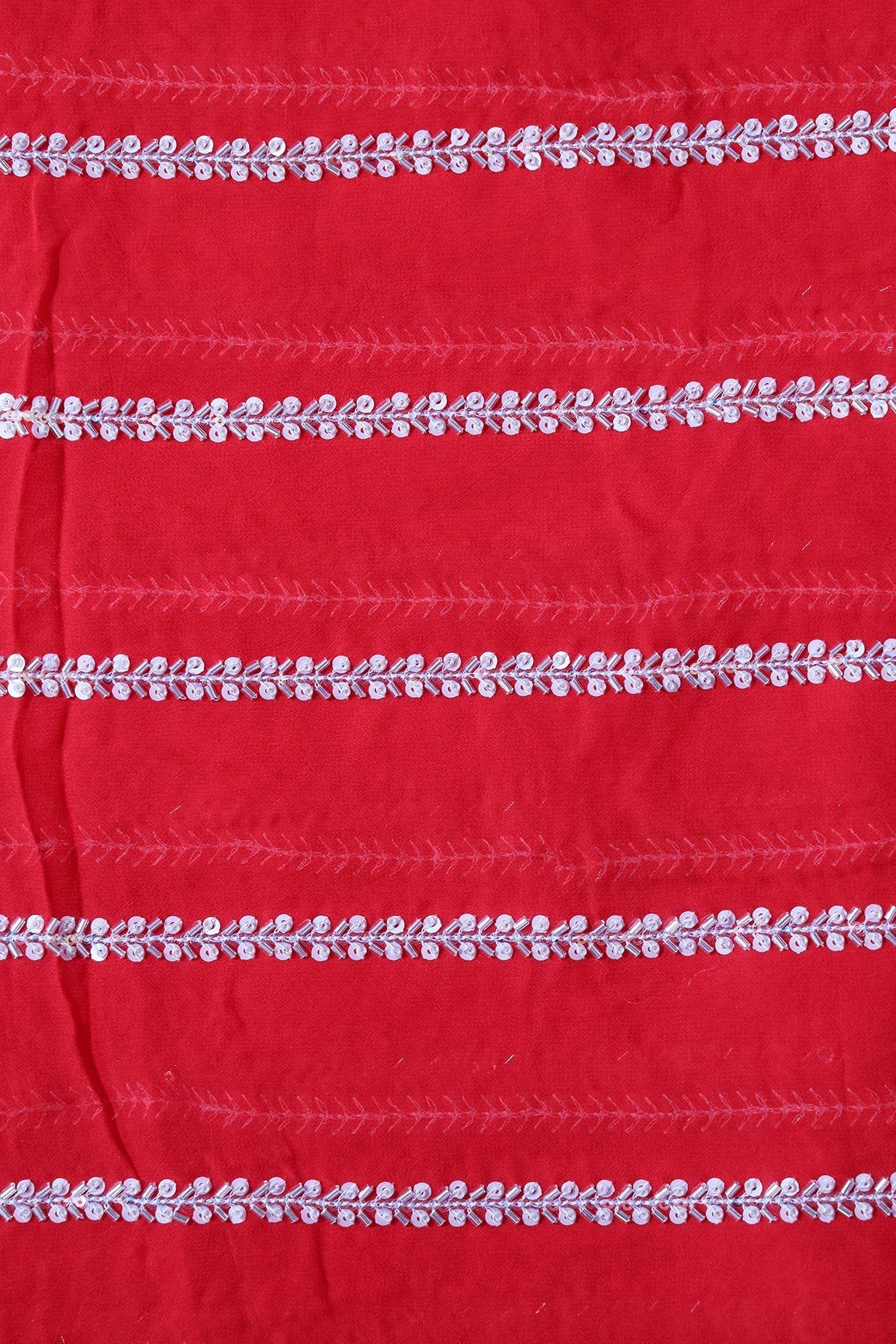 Silver Beads With Sequins Beautiful Stripes Handwork Embroidery On Red Viscose Georgette Fabric - doeraa