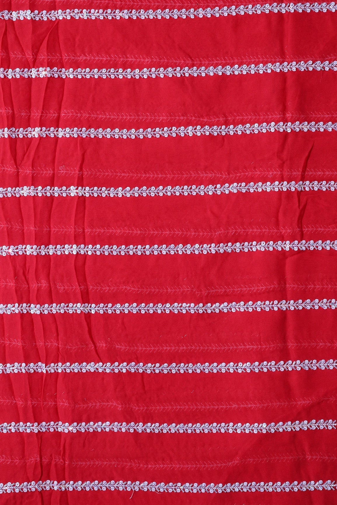 Silver Beads With Sequins Beautiful Stripes Handwork Embroidery On Red Viscose Georgette Fabric - doeraa
