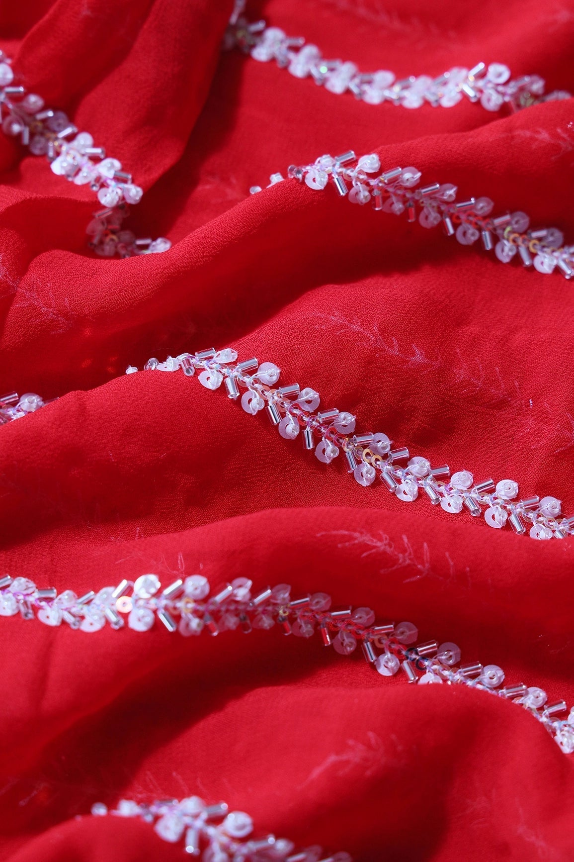 Silver Beads With Sequins Beautiful Stripes Handwork Embroidery On Red Viscose Georgette Fabric - doeraa