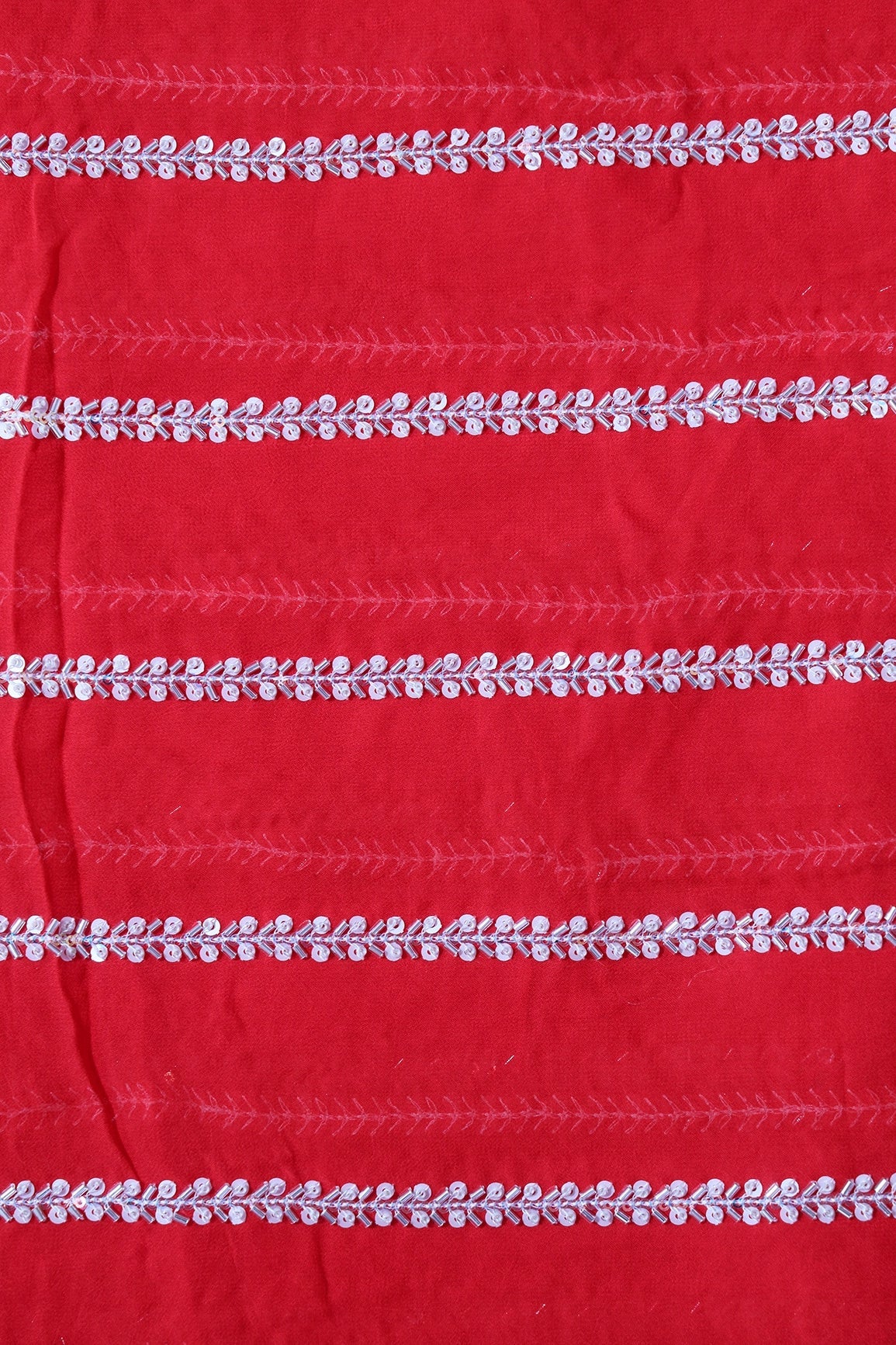 Silver Beads With Sequins Beautiful Stripes Handwork Embroidery On Red Viscose Georgette Fabric - doeraa