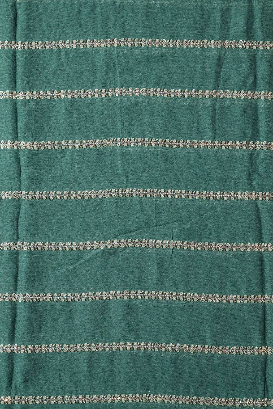 Silver Beads With Sequins Beautiful Stripes Handwork Embroidery On Teal Viscose Georgette Fabric - doeraa