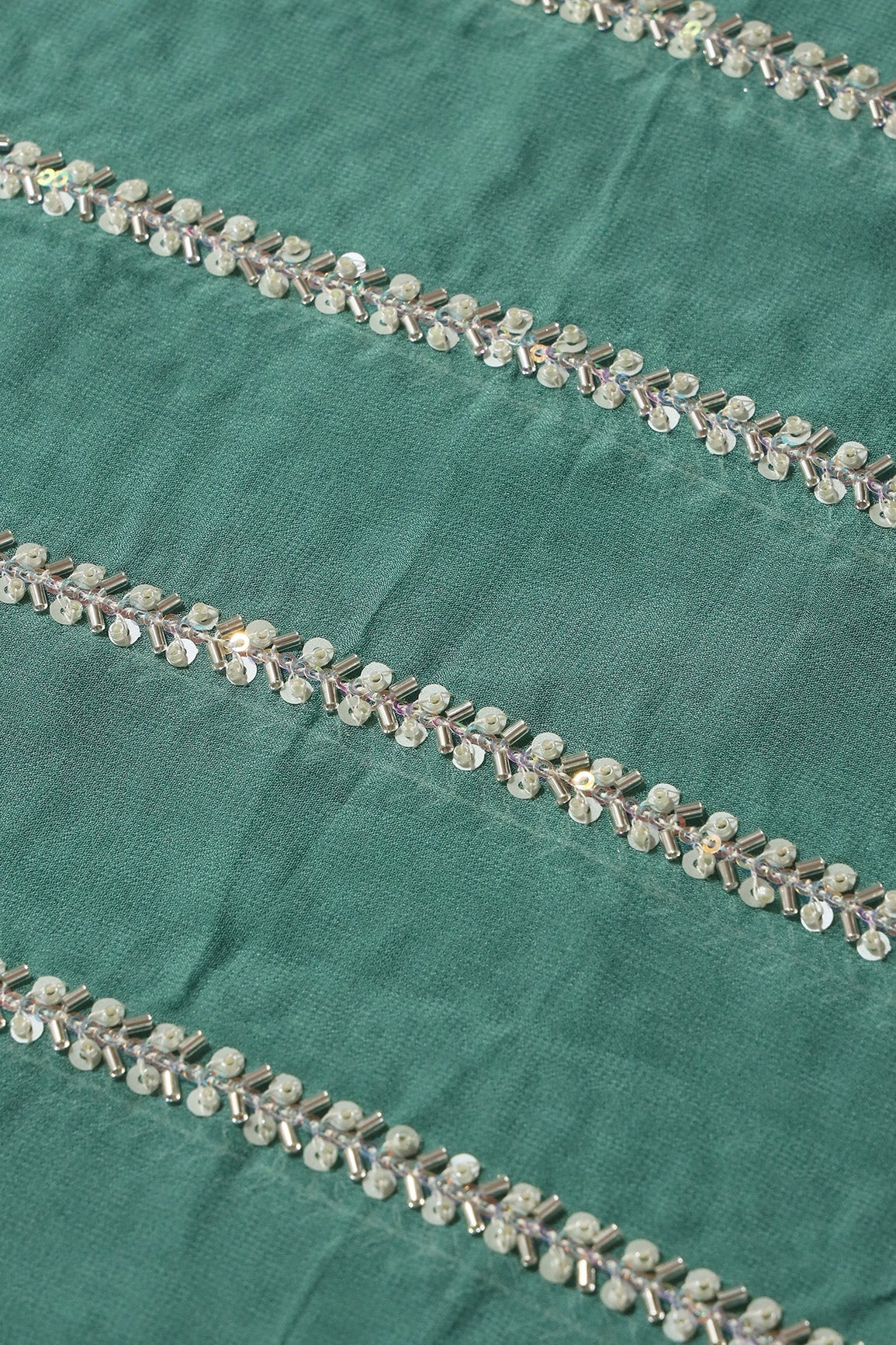 Silver Beads With Sequins Beautiful Stripes Handwork Embroidery On Teal Viscose Georgette Fabric - doeraa
