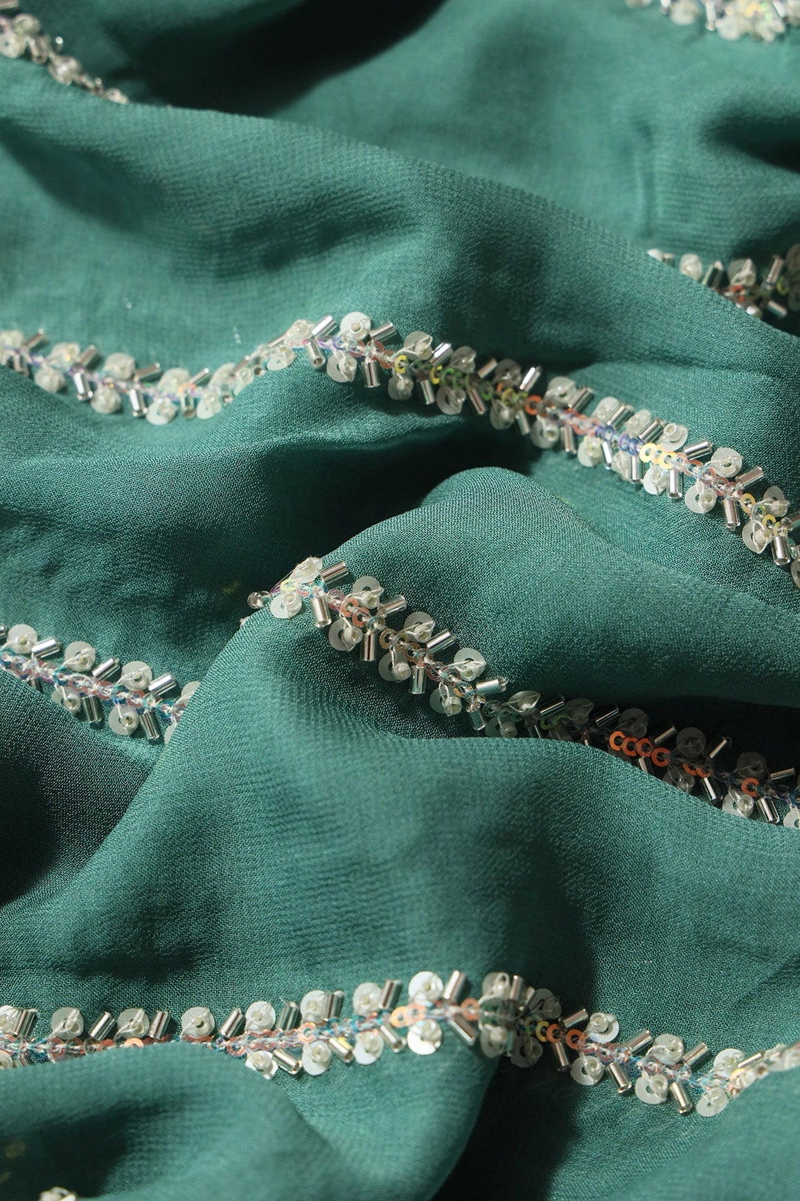 Silver Beads With Sequins Beautiful Stripes Handwork Embroidery On Teal Viscose Georgette Fabric - doeraa