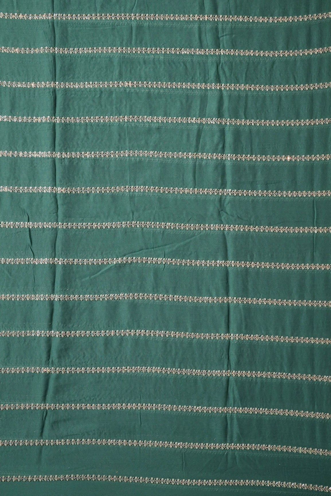 Silver Beads With Sequins Beautiful Stripes Handwork Embroidery On Teal Viscose Georgette Fabric - doeraa