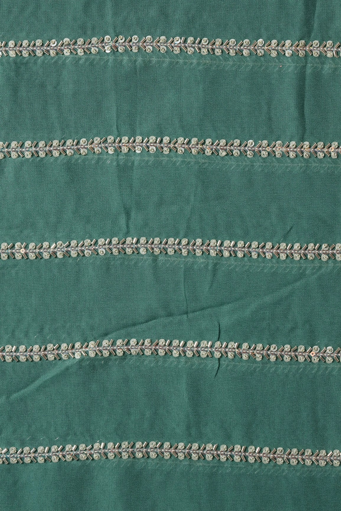 Silver Beads With Sequins Beautiful Stripes Handwork Embroidery On Teal Viscose Georgette Fabric - doeraa