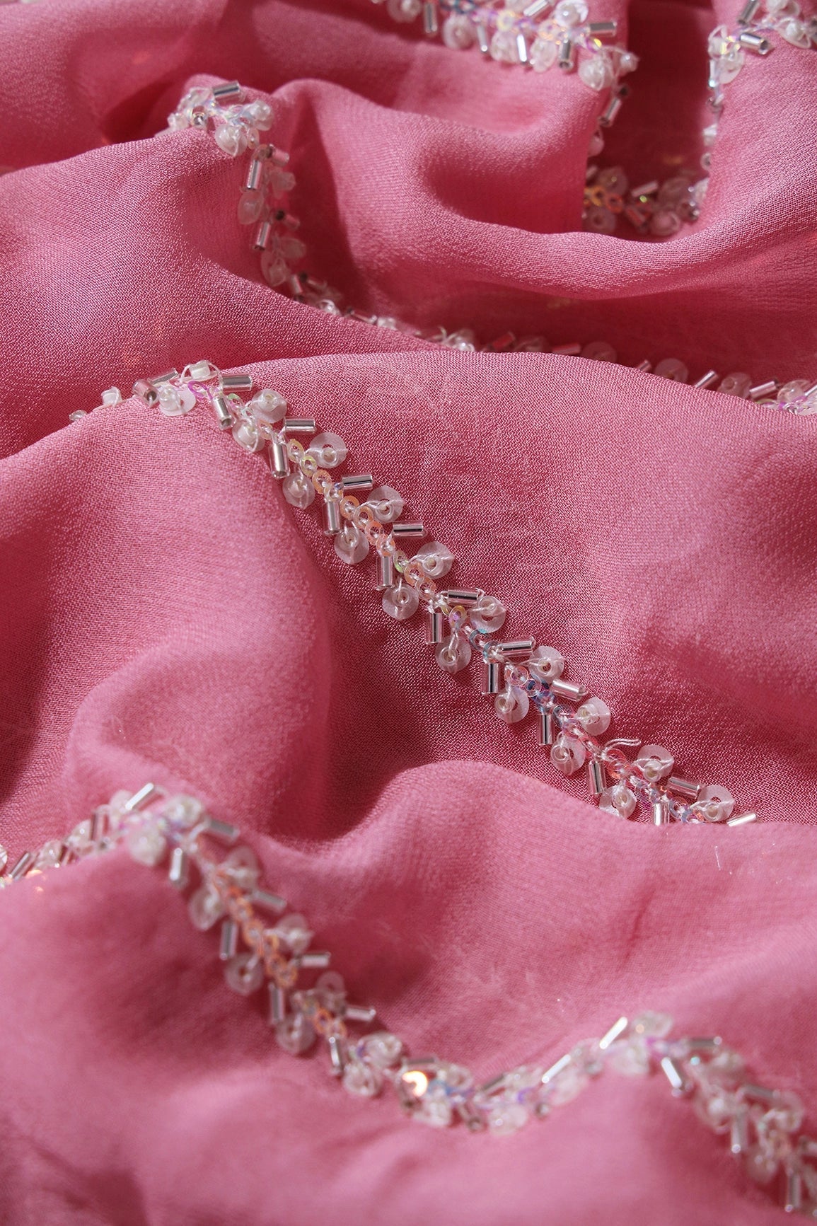 Silver Beads With Sequins Beautiful Stripes Handwork Embroidery On Thulian Pink Viscose Georgette Fabric - doeraa