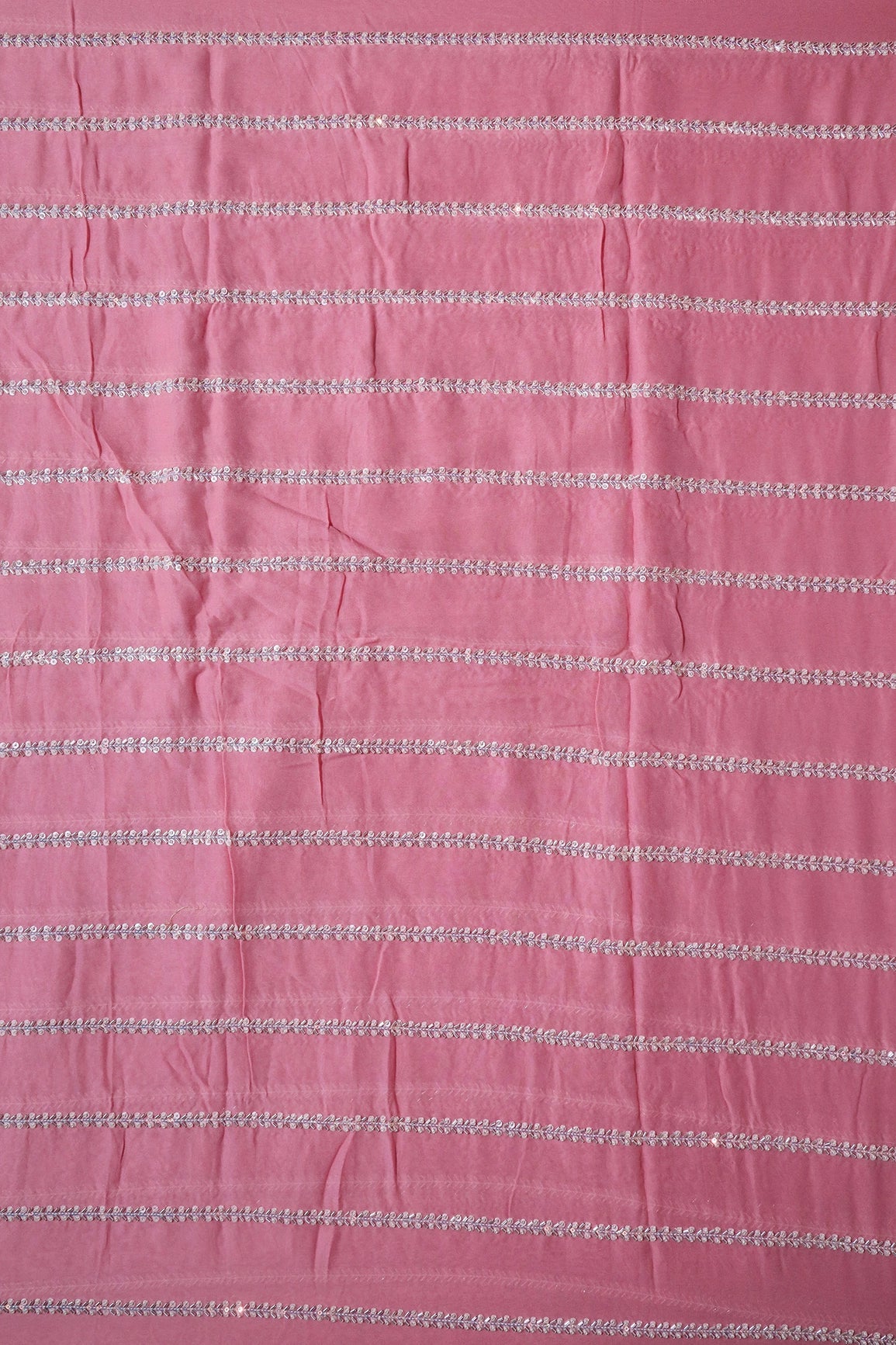 Silver Beads With Sequins Beautiful Stripes Handwork Embroidery On Thulian Pink Viscose Georgette Fabric - doeraa