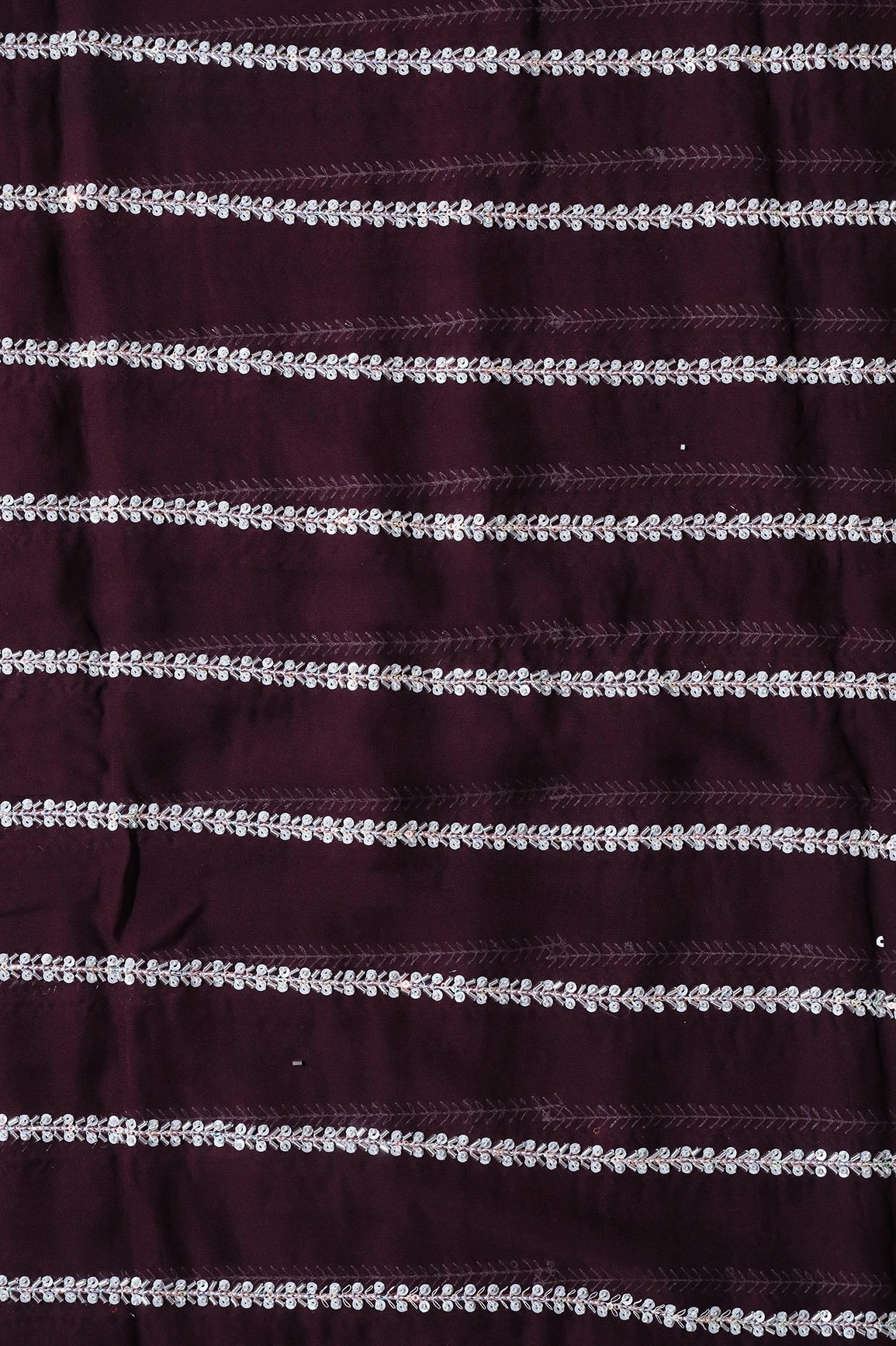 Silver Beads With Sequins Beautiful Stripes Handwork Embroidery On Wine Viscose Georgette Fabric - doeraa