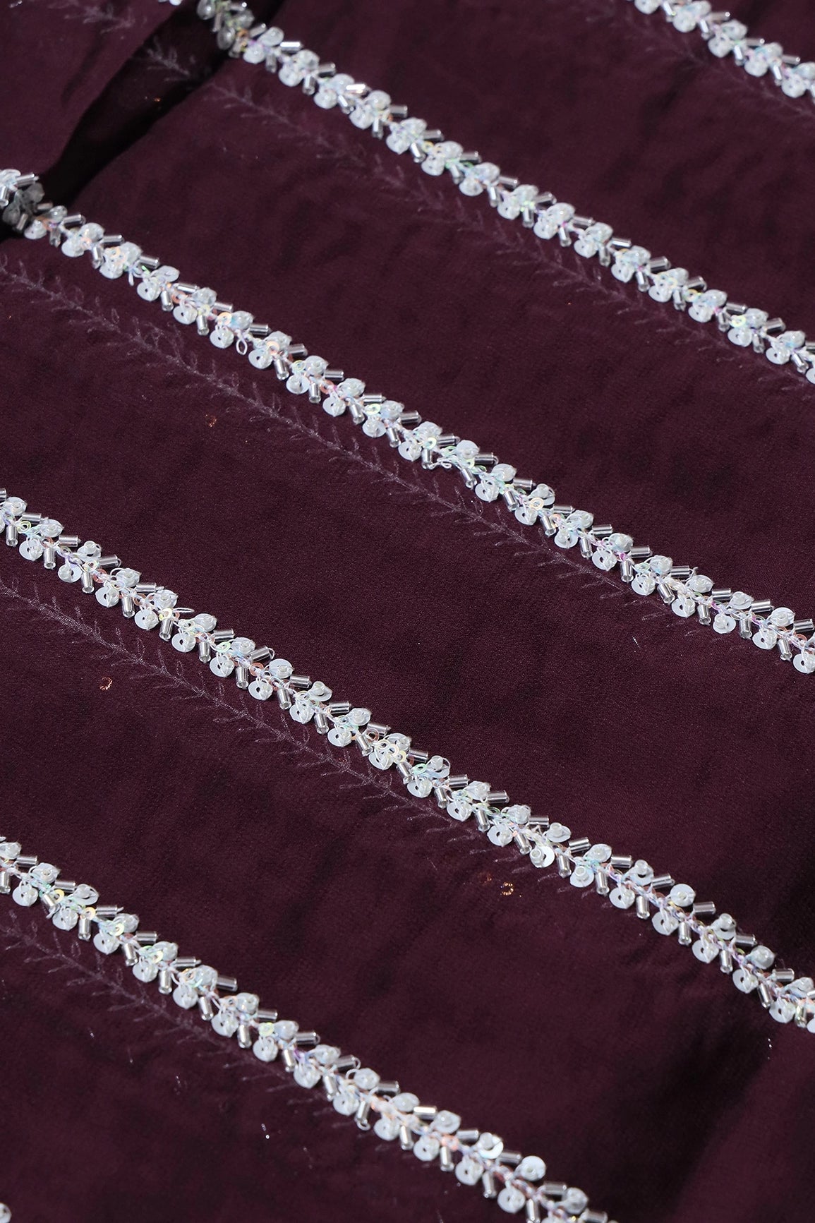 Silver Beads With Sequins Beautiful Stripes Handwork Embroidery On Wine Viscose Georgette Fabric - doeraa