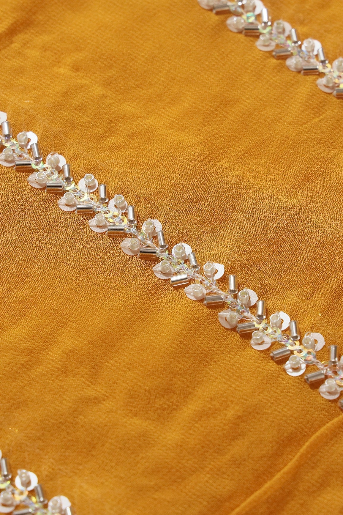 Silver Beads With Sequins Beautiful Stripes Handwork Embroidery On Yellow Viscose Georgette Fabric - doeraa