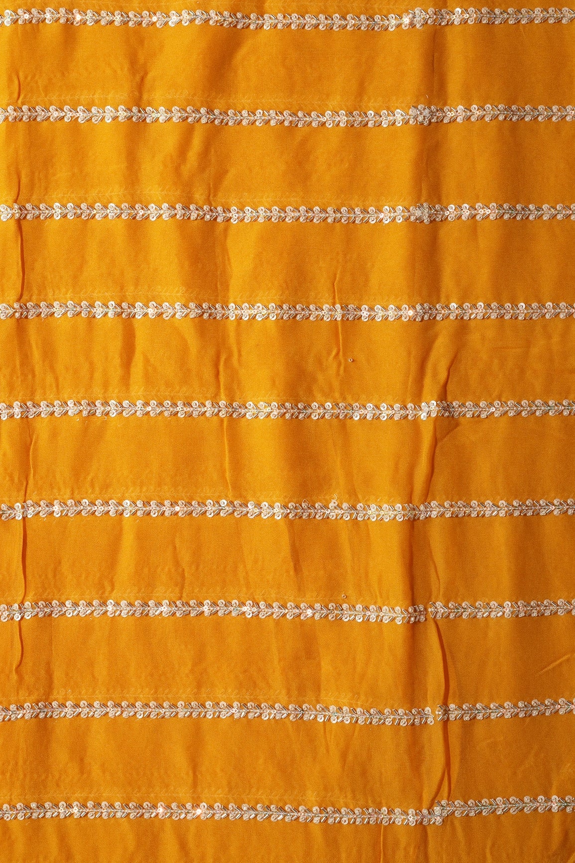 Silver Beads With Sequins Beautiful Stripes Handwork Embroidery On Yellow Viscose Georgette Fabric - doeraa