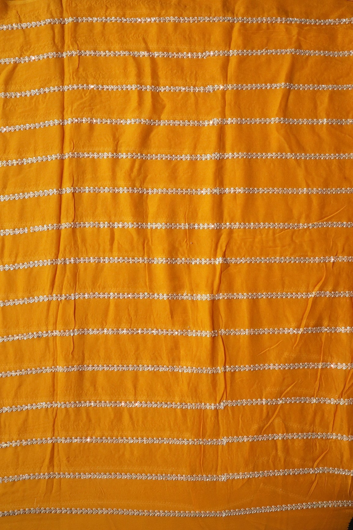 Silver Beads With Sequins Beautiful Stripes Handwork Embroidery On Yellow Viscose Georgette Fabric - doeraa