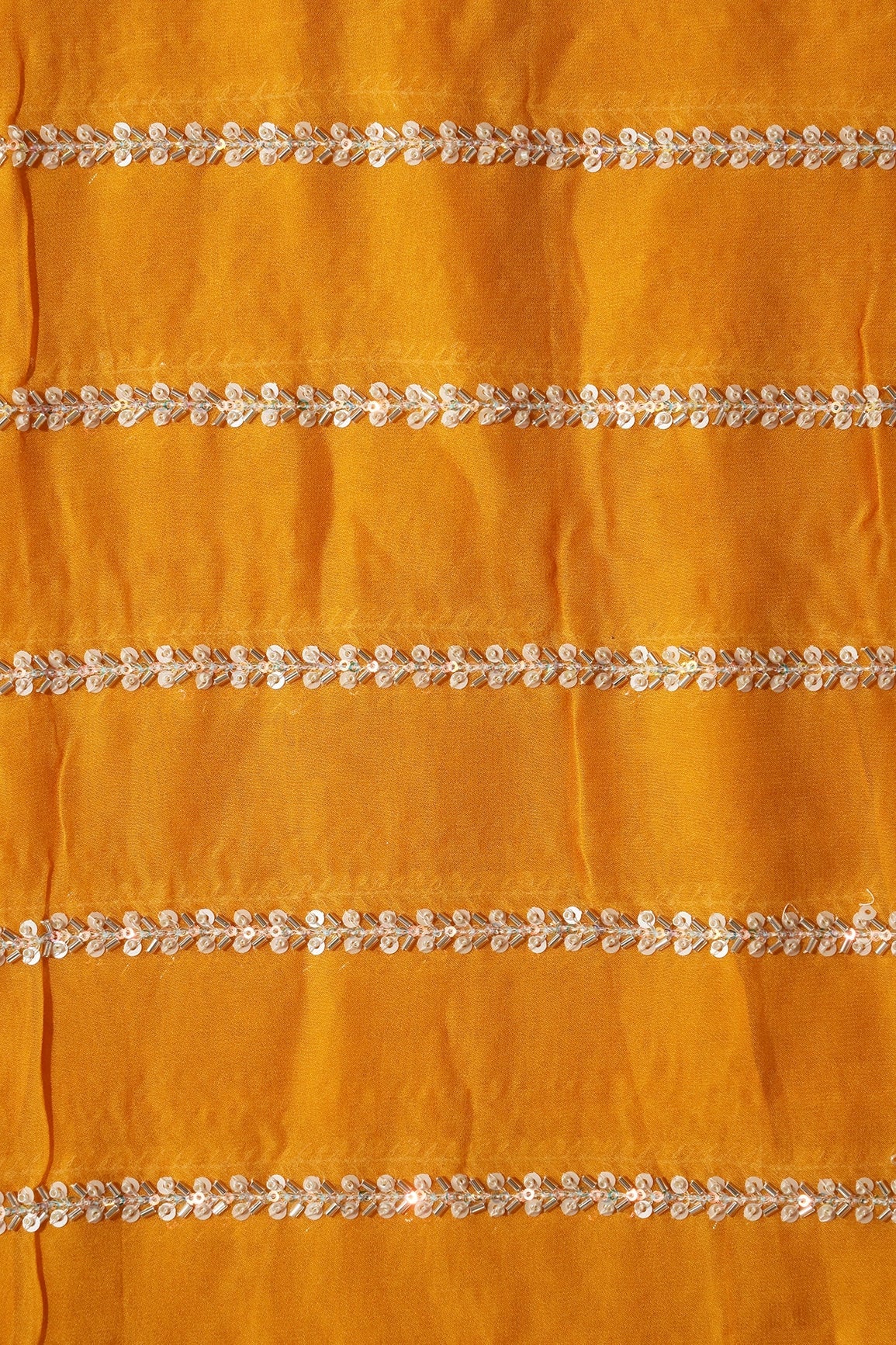 Silver Beads With Sequins Beautiful Stripes Handwork Embroidery On Yellow Viscose Georgette Fabric - doeraa