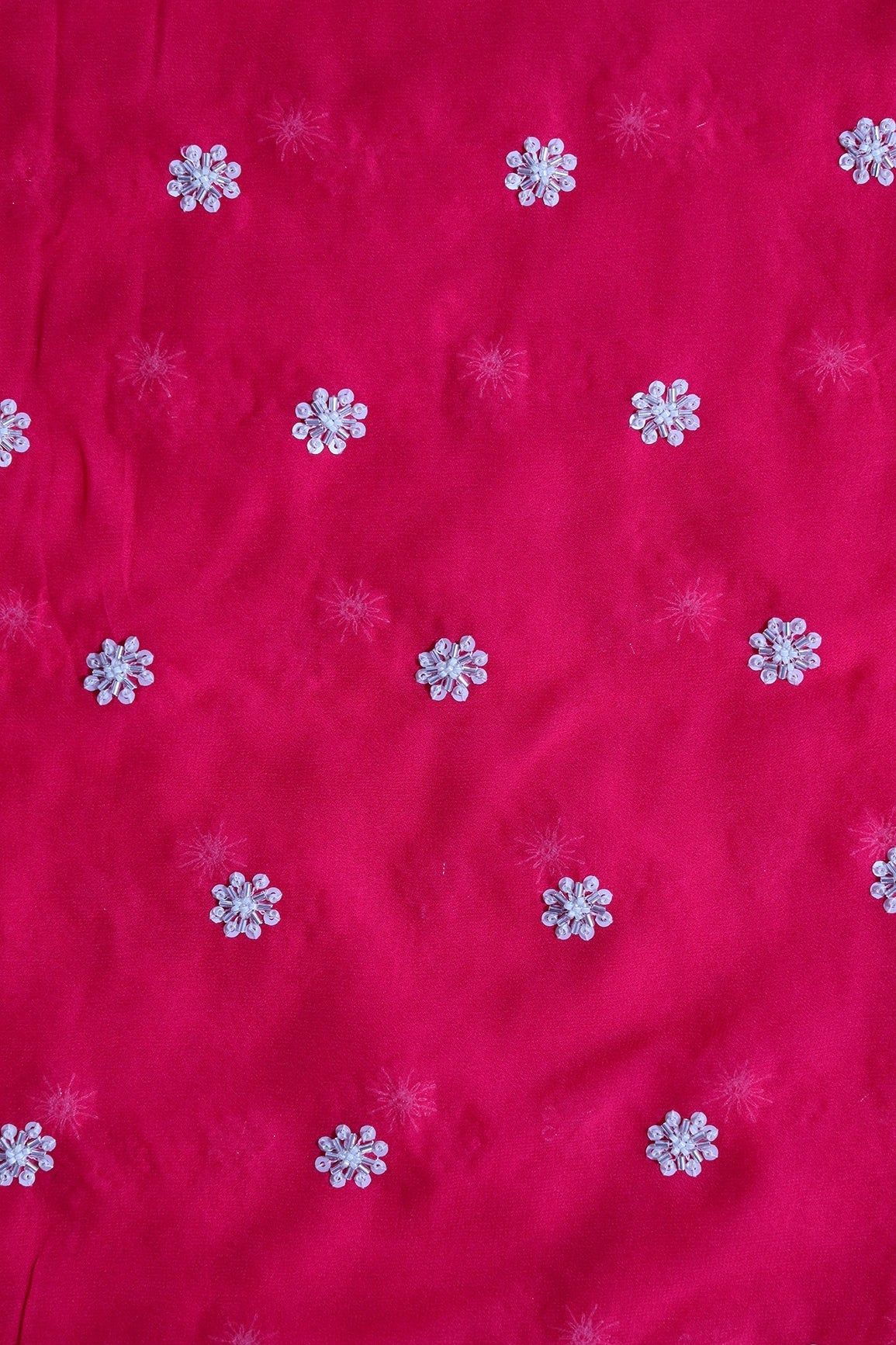 Silver Beads With Sequins Small Floral Handwork Embroidery On Fuchsia Viscose Georgette Fabric - doeraa