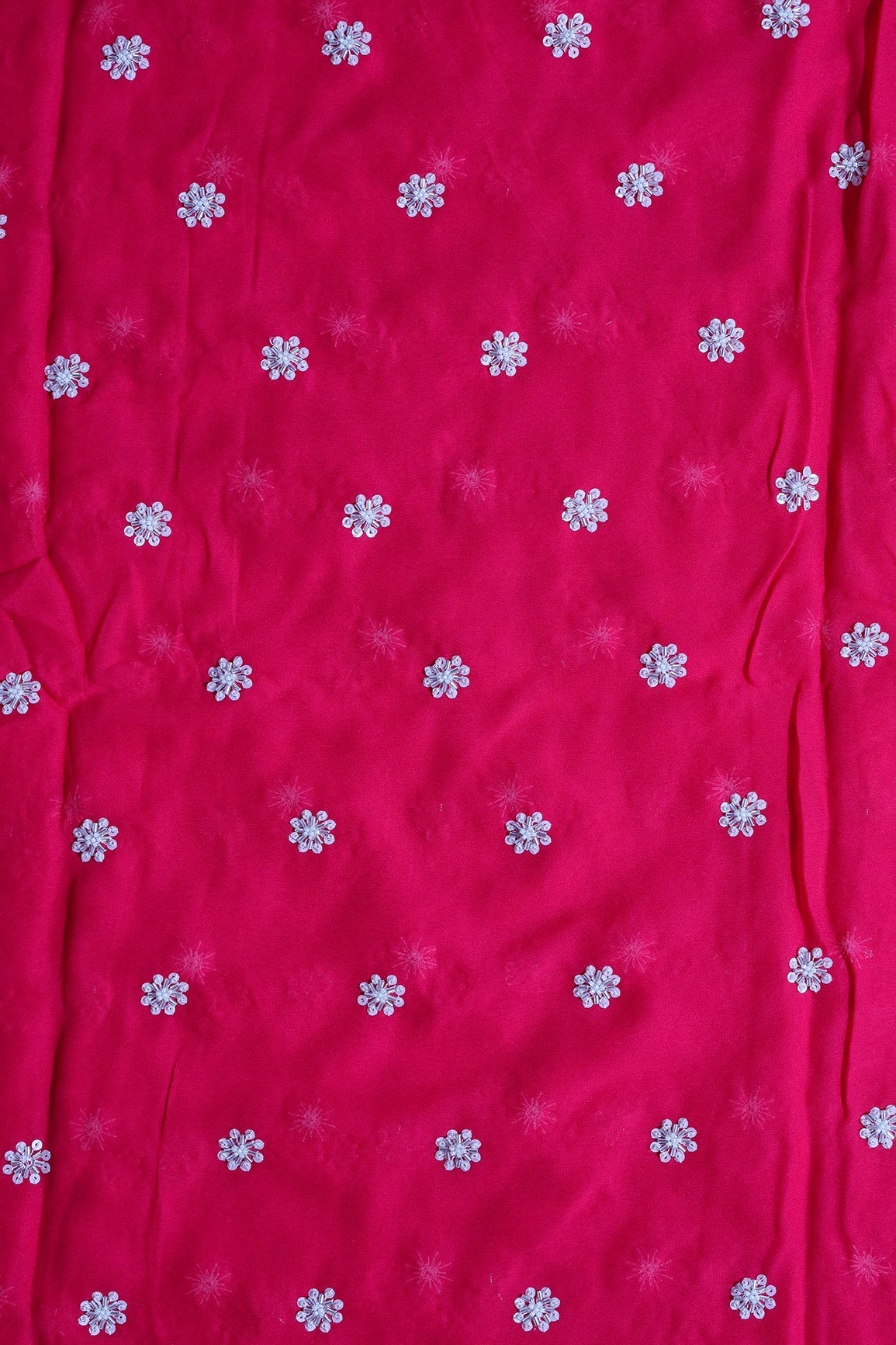 Silver Beads With Sequins Small Floral Handwork Embroidery On Fuchsia Viscose Georgette Fabric - doeraa