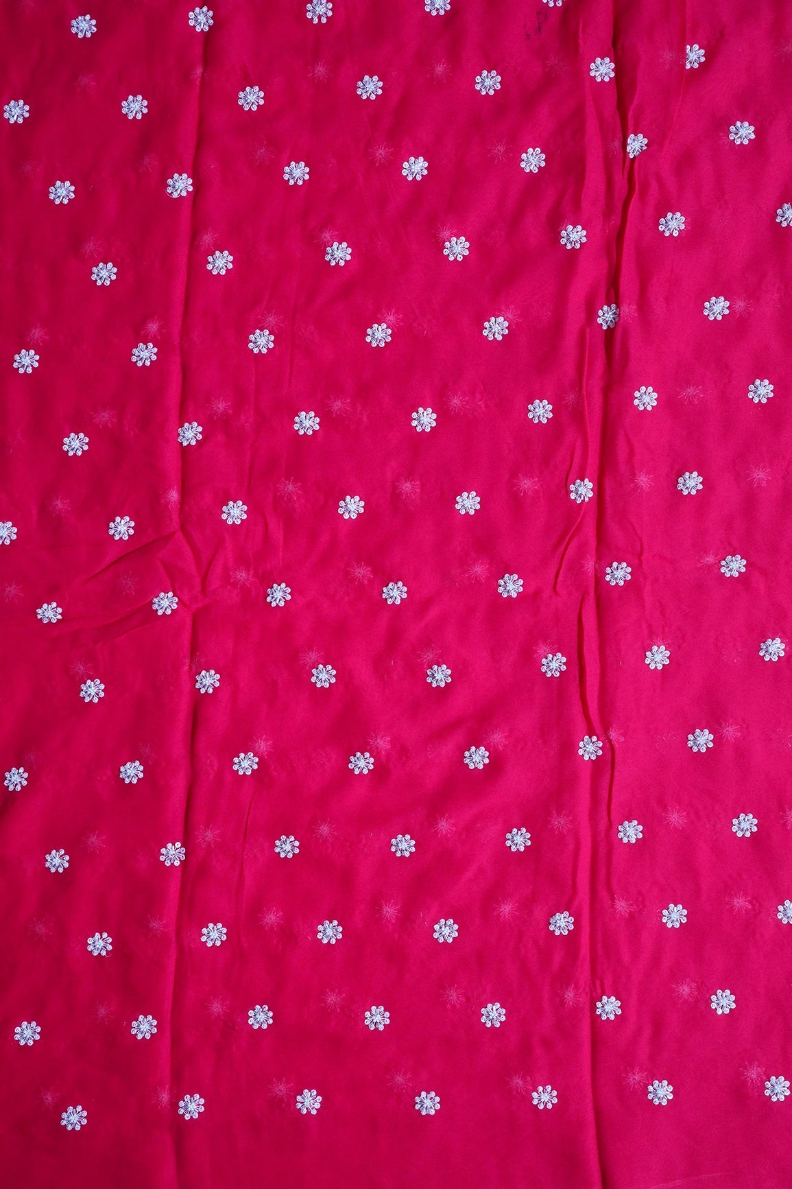 Silver Beads With Sequins Small Floral Handwork Embroidery On Fuchsia Viscose Georgette Fabric - doeraa