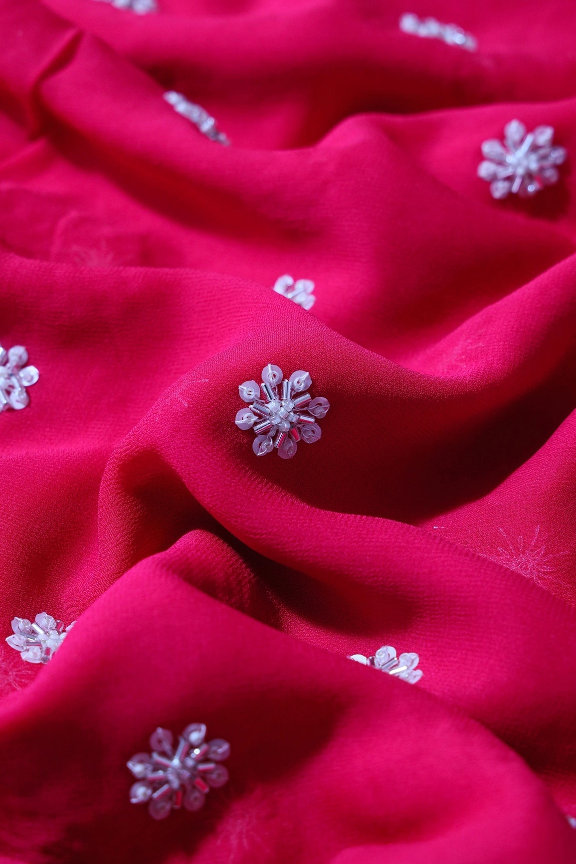 Silver Beads With Sequins Small Floral Handwork Embroidery On Fuchsia Viscose Georgette Fabric - doeraa