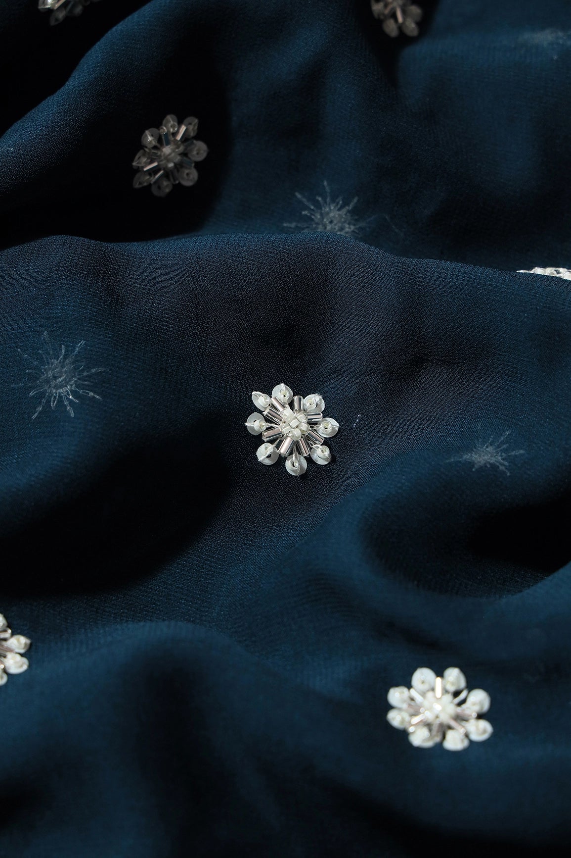 Silver Beads With Sequins Small Floral Handwork Embroidery On Prussian