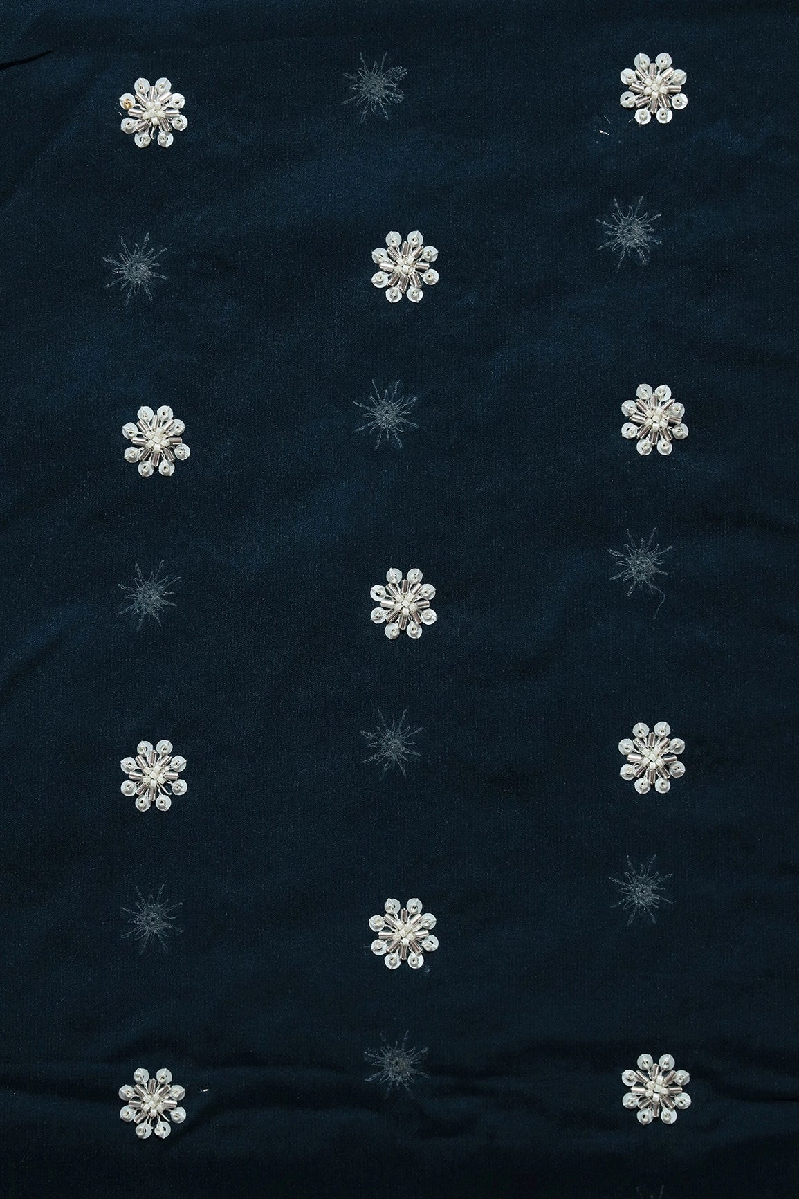Silver Beads With Sequins Small Floral Handwork Embroidery On Prussian Blue Viscose Georgette Fabric - doeraa