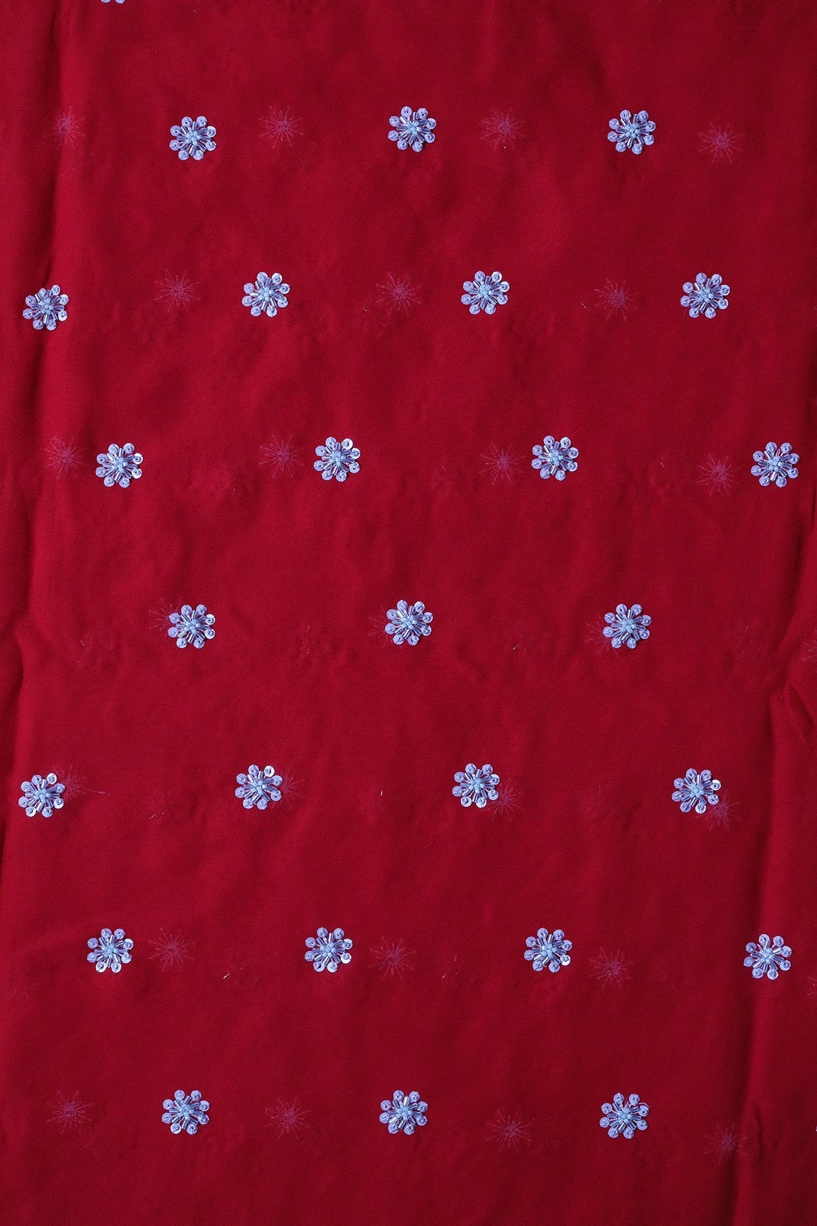 Silver Beads With Sequins Small Floral Handwork Embroidery On Red Viscose Georgette Fabric - doeraa