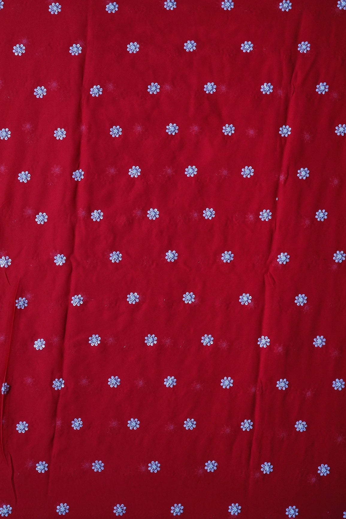 Silver Beads With Sequins Small Floral Handwork Embroidery On Red Viscose Georgette Fabric - doeraa