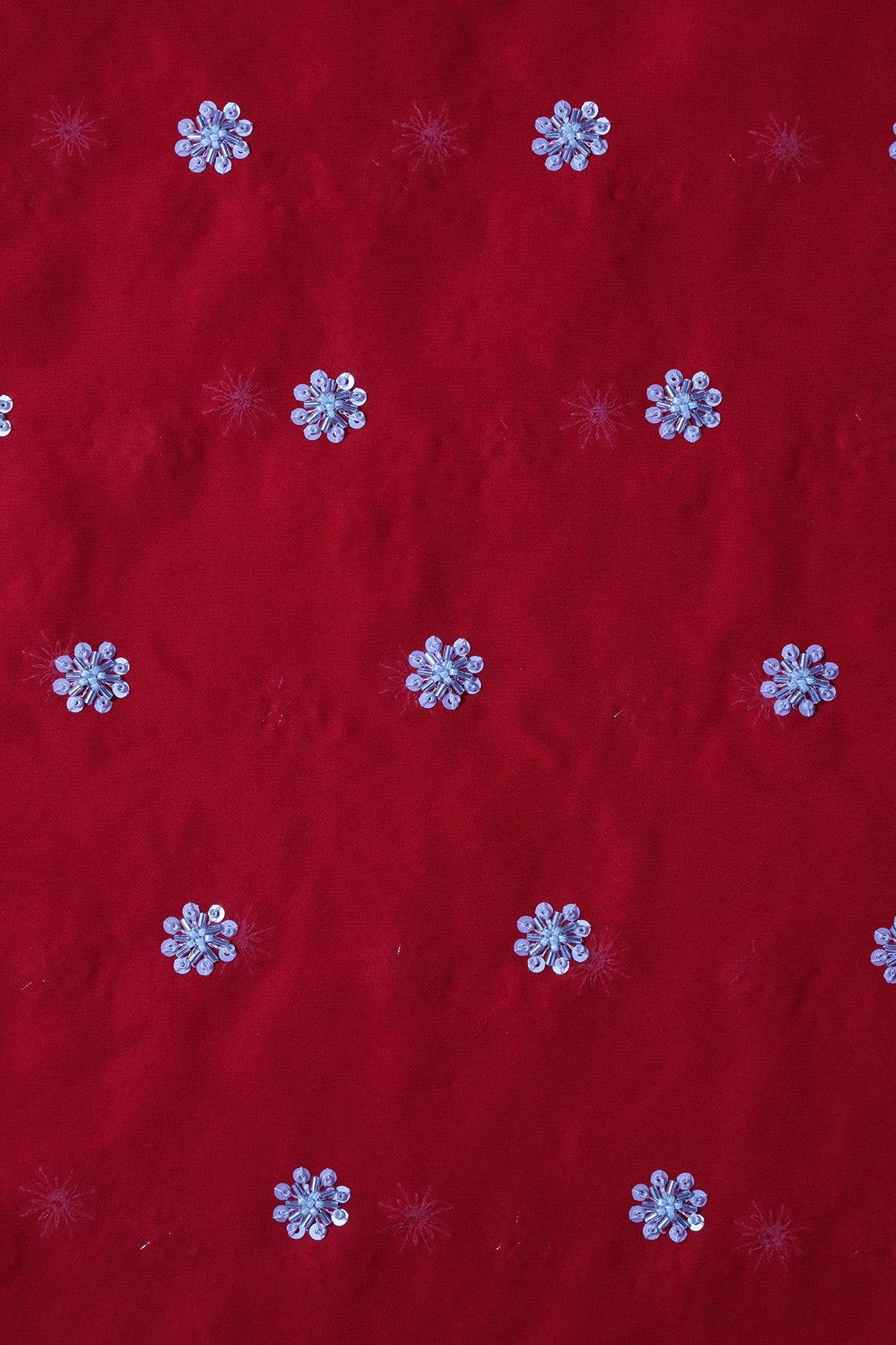 Silver Beads With Sequins Small Floral Handwork Embroidery On Red Viscose Georgette Fabric - doeraa