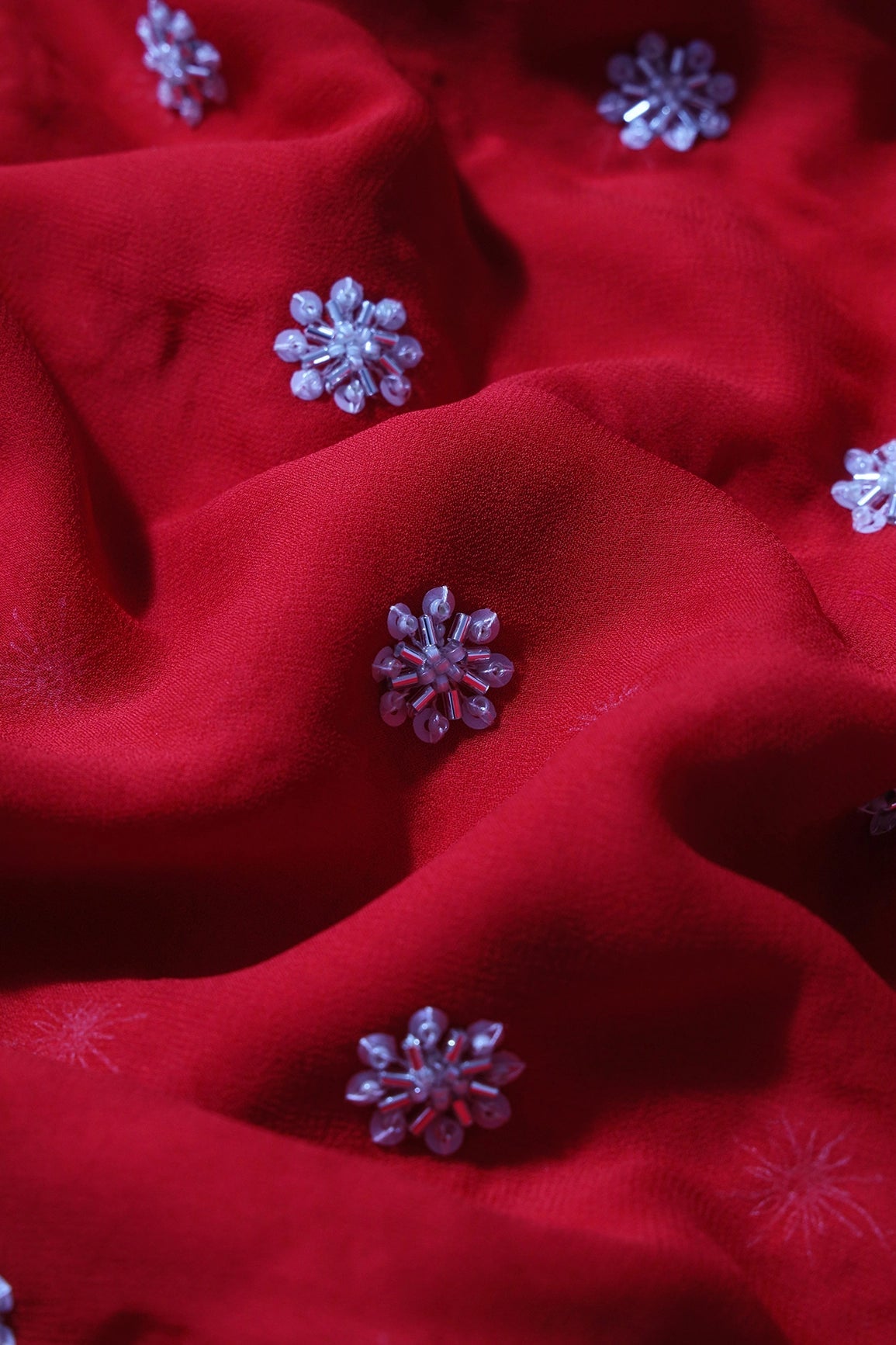 Silver Beads With Sequins Small Floral Handwork Embroidery On Red Viscose Georgette Fabric - doeraa