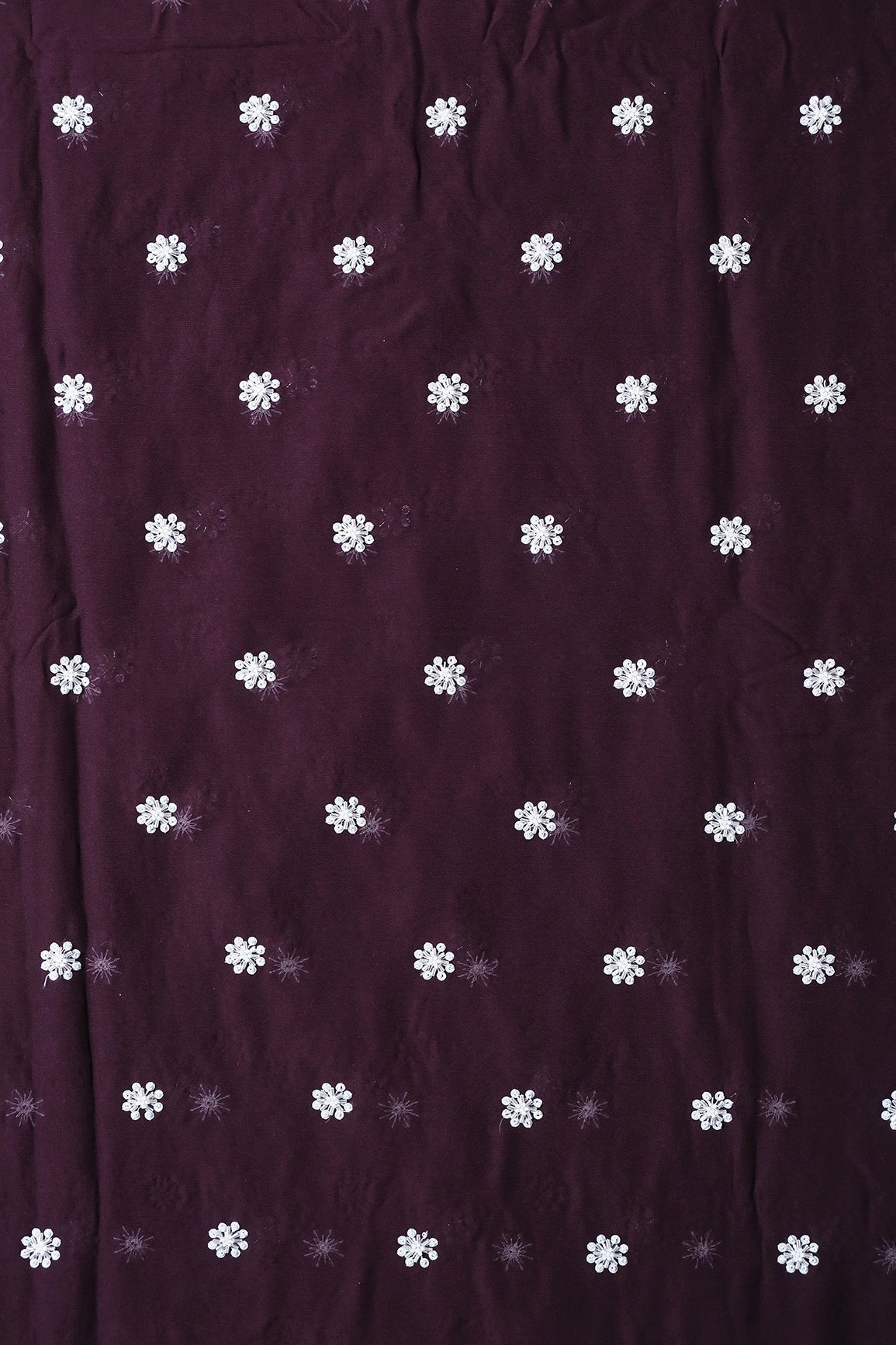 Silver Beads With Sequins Small Floral Handwork Embroidery On Wine Viscose Georgette Fabric - doeraa