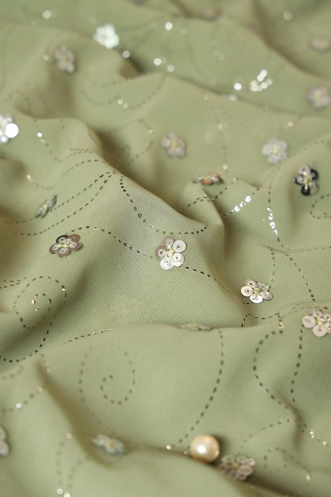 Silver Sequins Floral Embroidery With Laser Cut Foil Print On Olive Georgette Fabric - doeraa