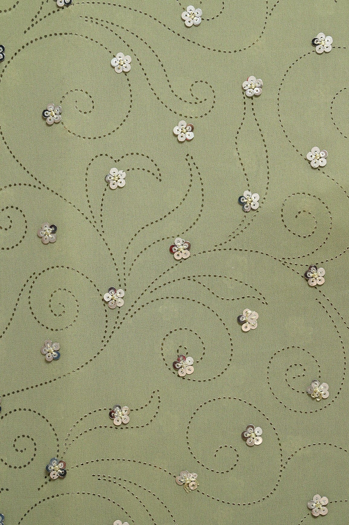 Silver Sequins Floral Embroidery With Laser Cut Foil Print On Olive Georgette Fabric - doeraa