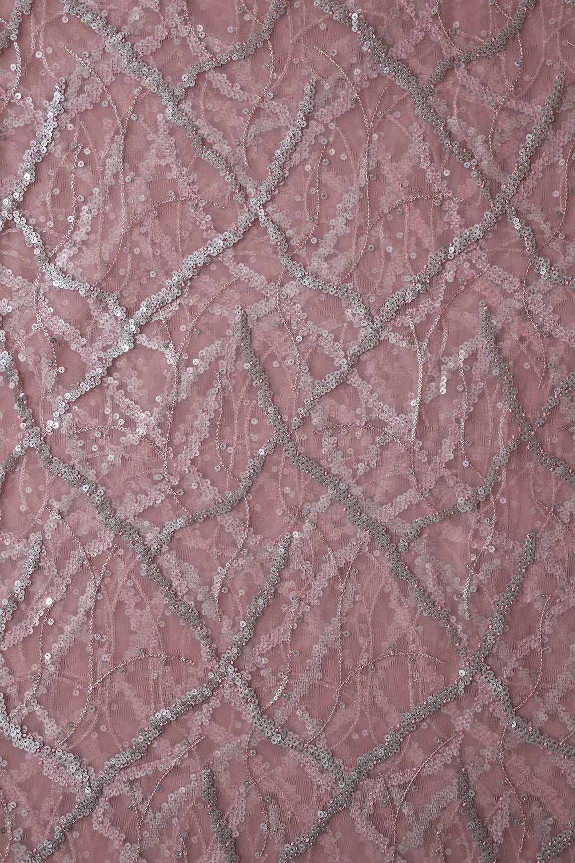 Silver Sequins Geometric Embroidery On Pink Soft Net Fabric - doeraa