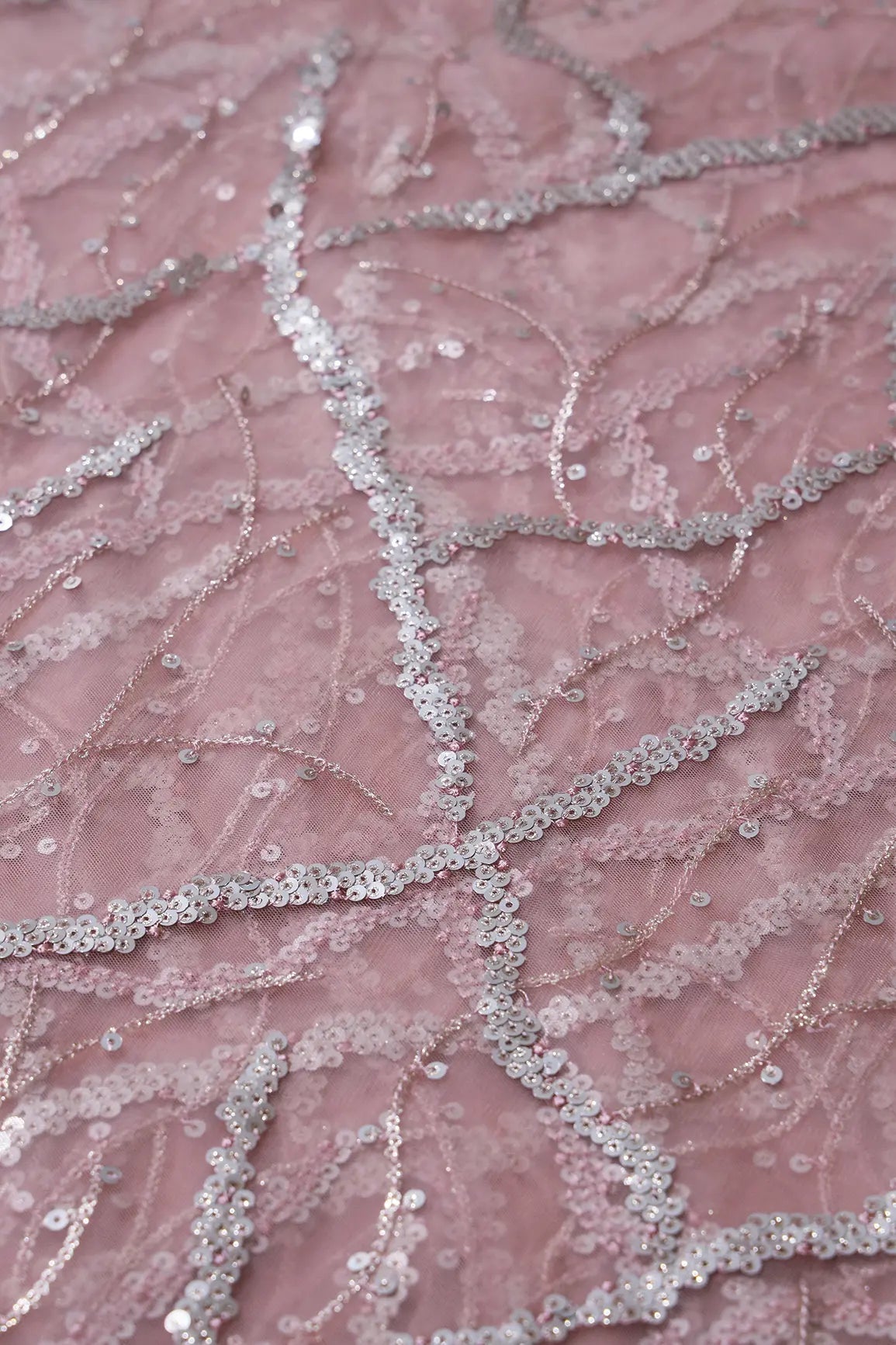 Silver Sequins Geometric Embroidery On Pink Soft Net Fabric - doeraa
