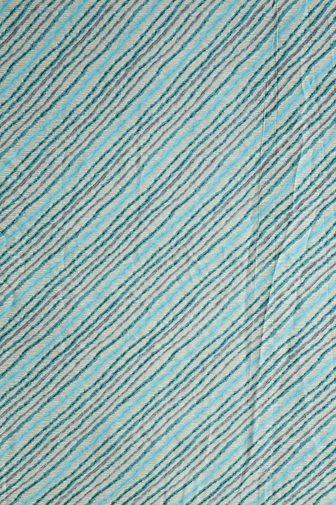 Sky Blue And Grey Stripes Pattern Print On Off White Pure Rayon Fabric - doeraa