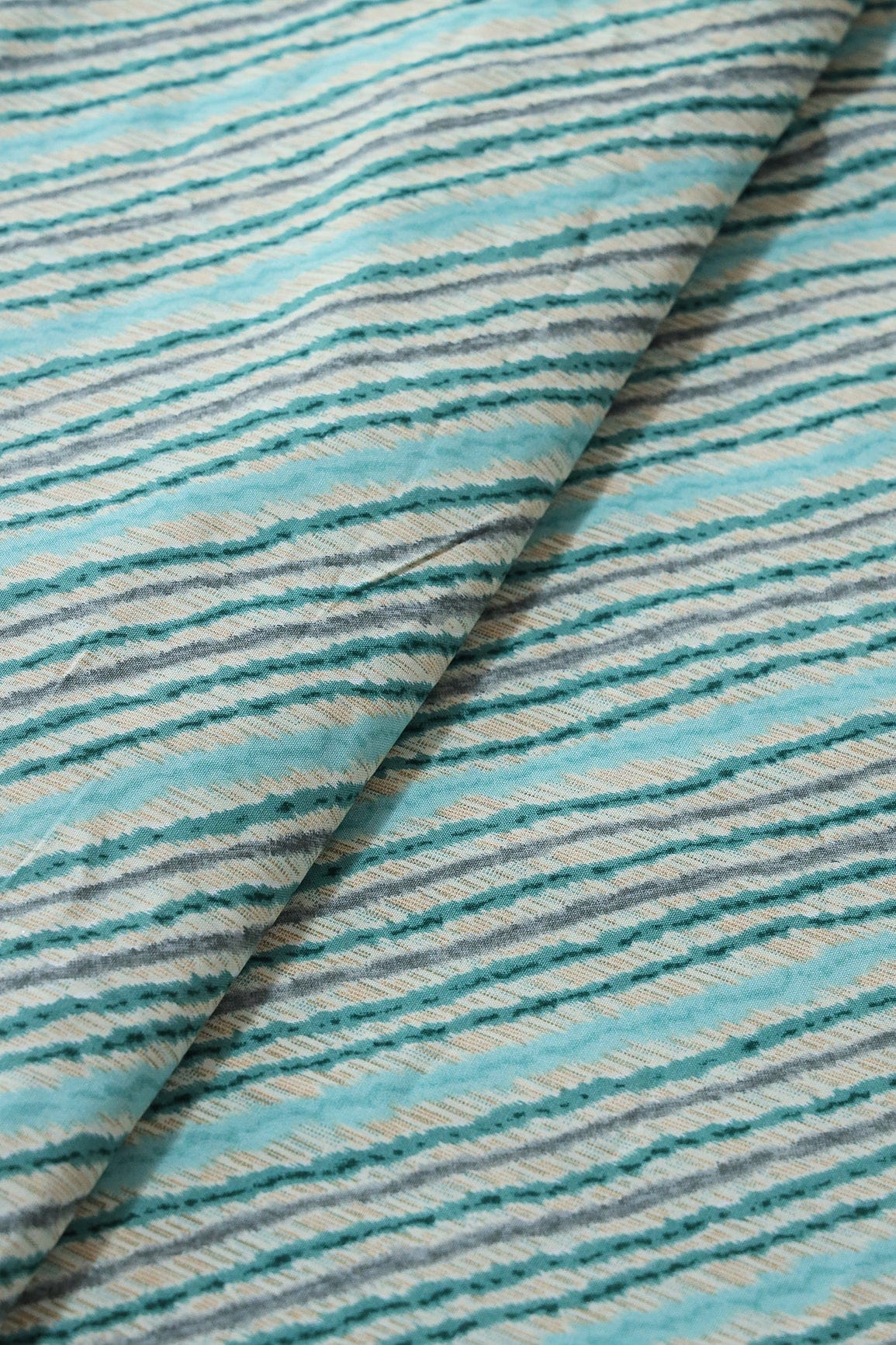 Sky Blue And Grey Stripes Pattern Print On Off White Pure Rayon Fabric - doeraa