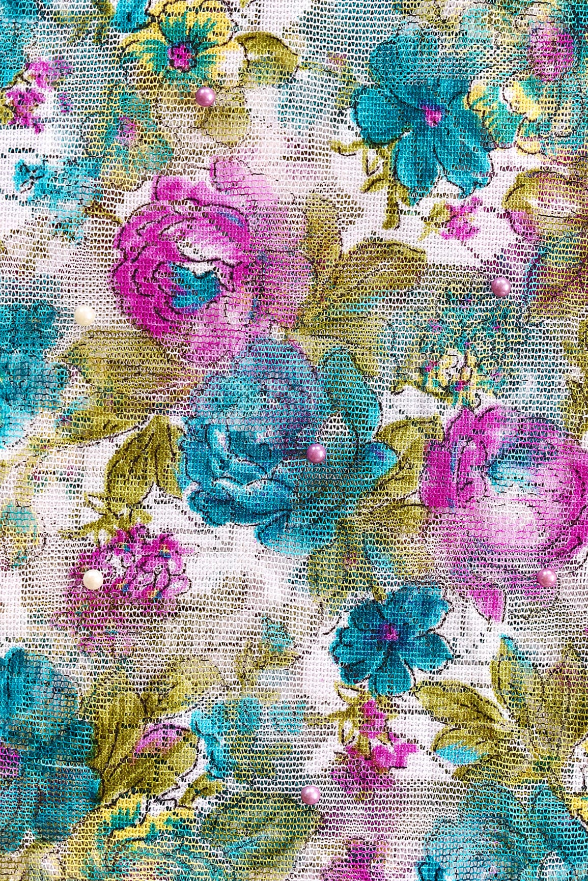 Sky Blue And Rani Floral Digital Print With Pearls On Net Fabric - doeraa