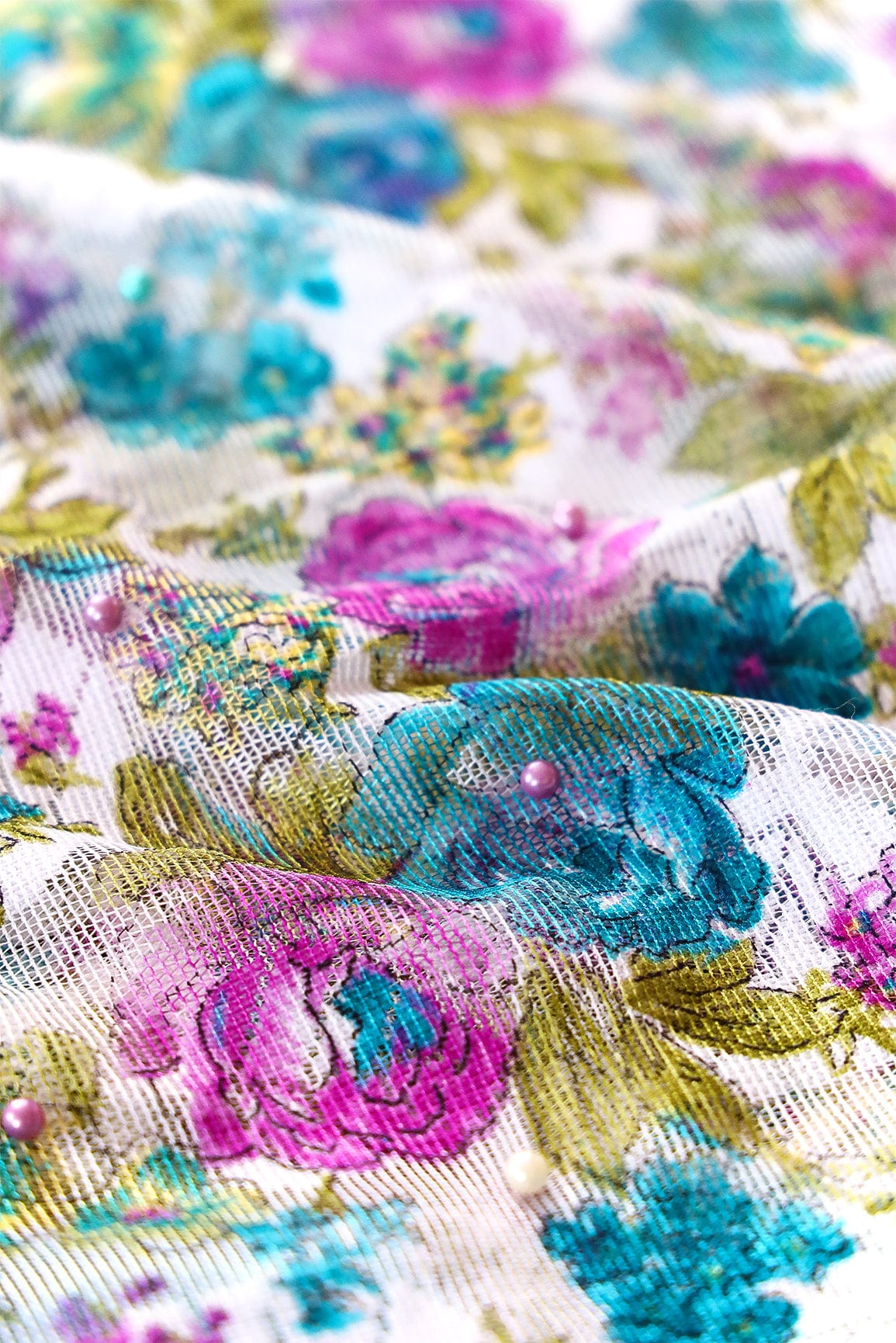 Sky Blue And Rani Floral Digital Print With Pearls On Net Fabric - doeraa